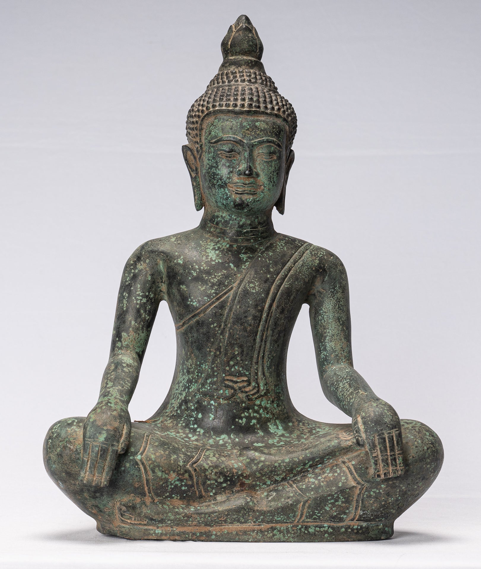 Statue de Bouddha – Statue de Bouddha antique en bronze de style khmer à double illumination – 39 cm