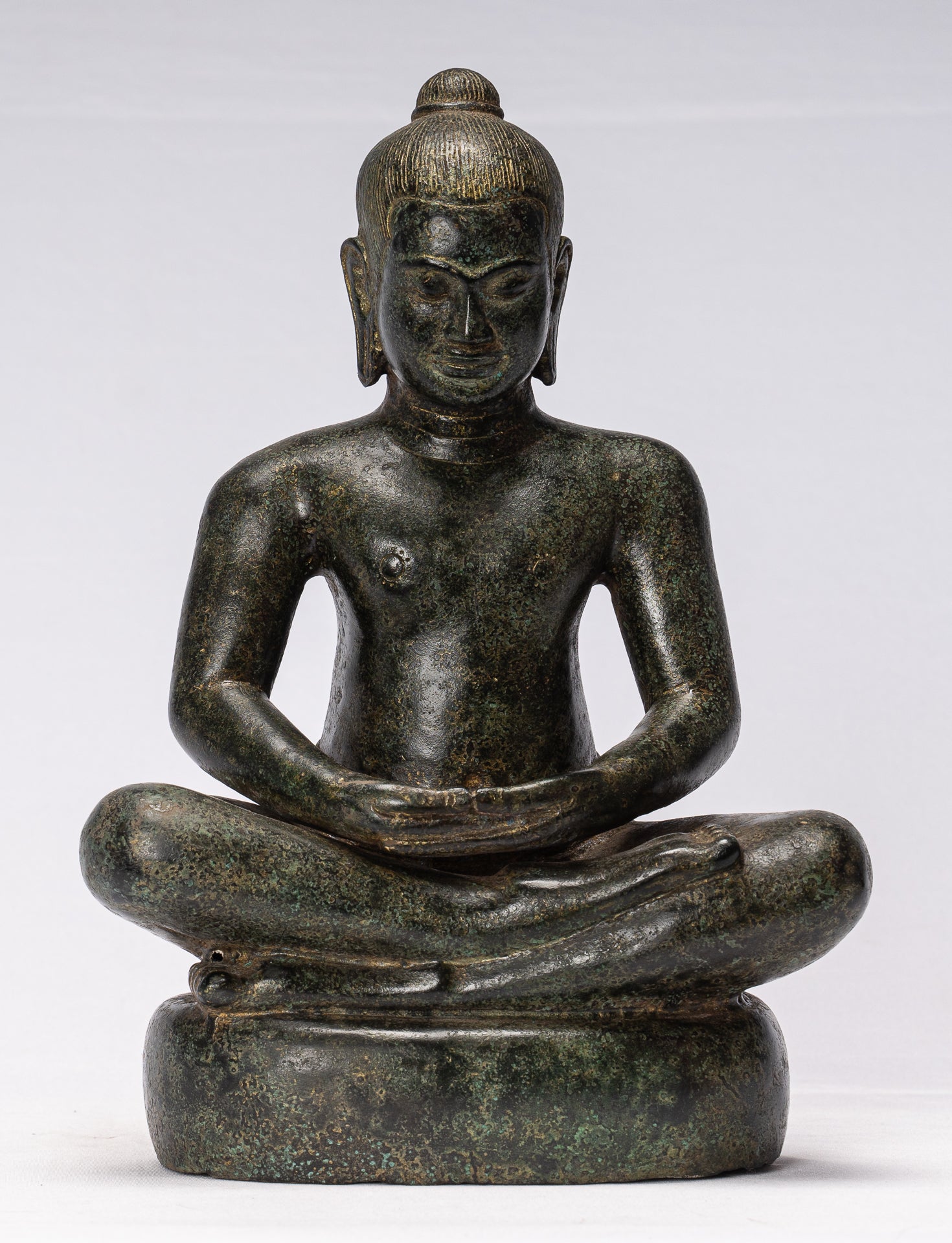 Antique Khmer Style Seated Bronze Meditation Jayavarman VII Statue - 30cm/12"