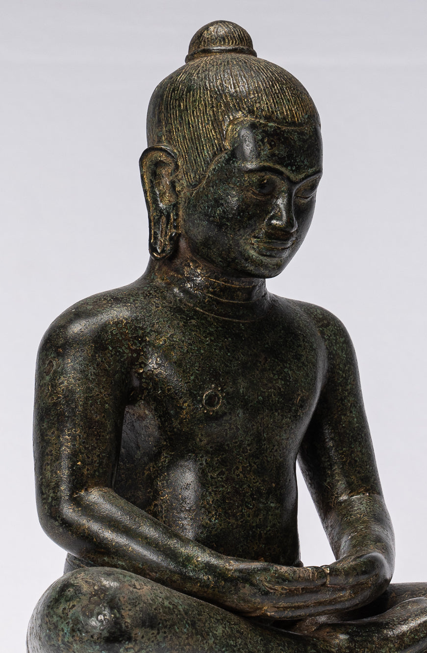 Antique Khmer Style Seated Bronze Meditation Jayavarman VII Statue - 30cm/12"