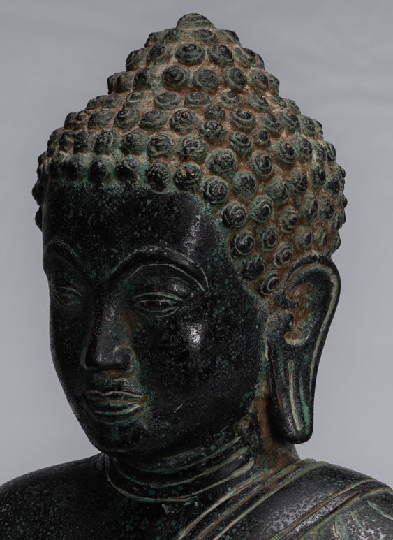 Buddha Statue - Antique Thai Style Seated Bronze Dvaravati Meditation Buddha Statue - 34cm/14"