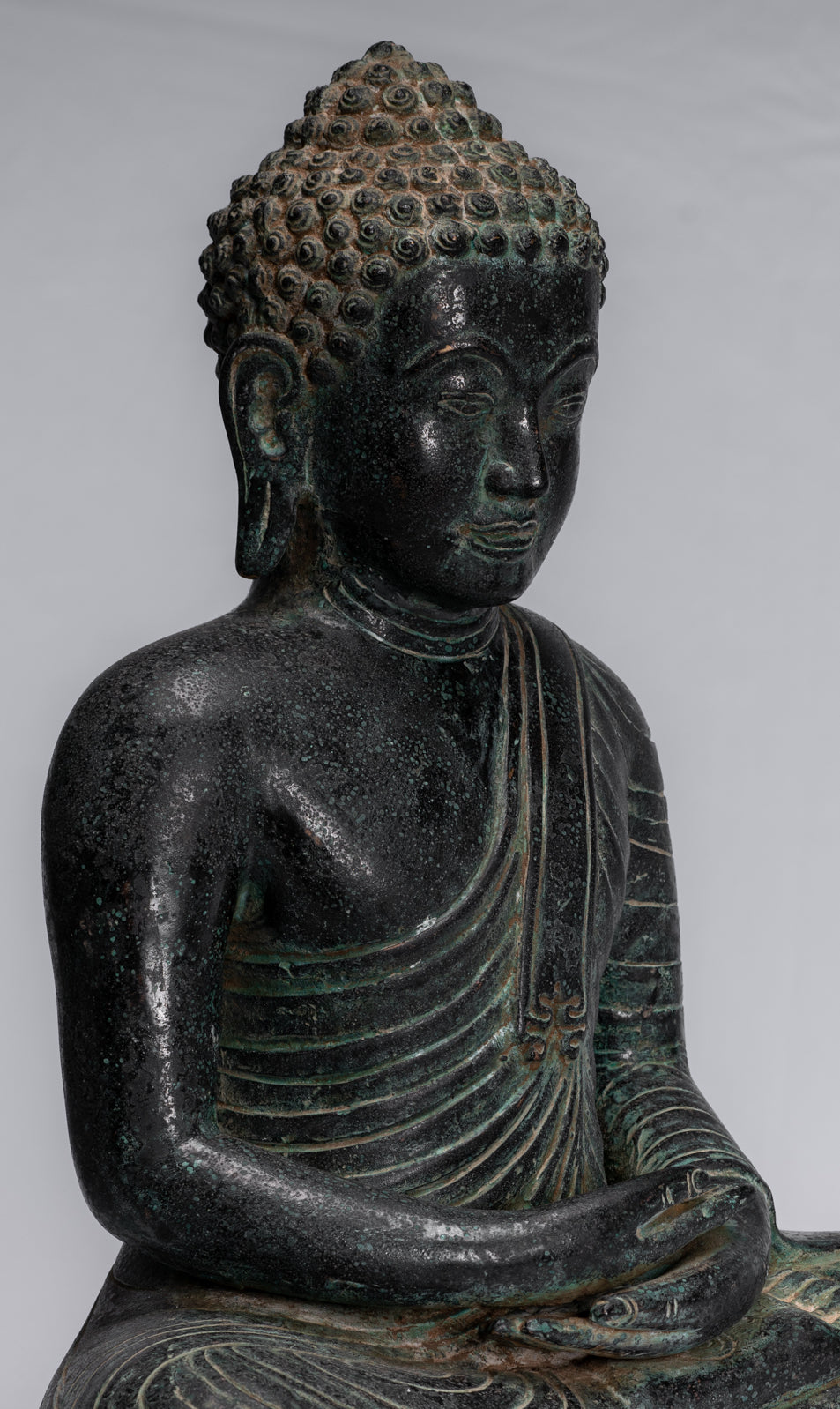 Buddha Statue - Antique Thai Style Seated Bronze Dvaravati Meditation Buddha Statue - 34cm/14"