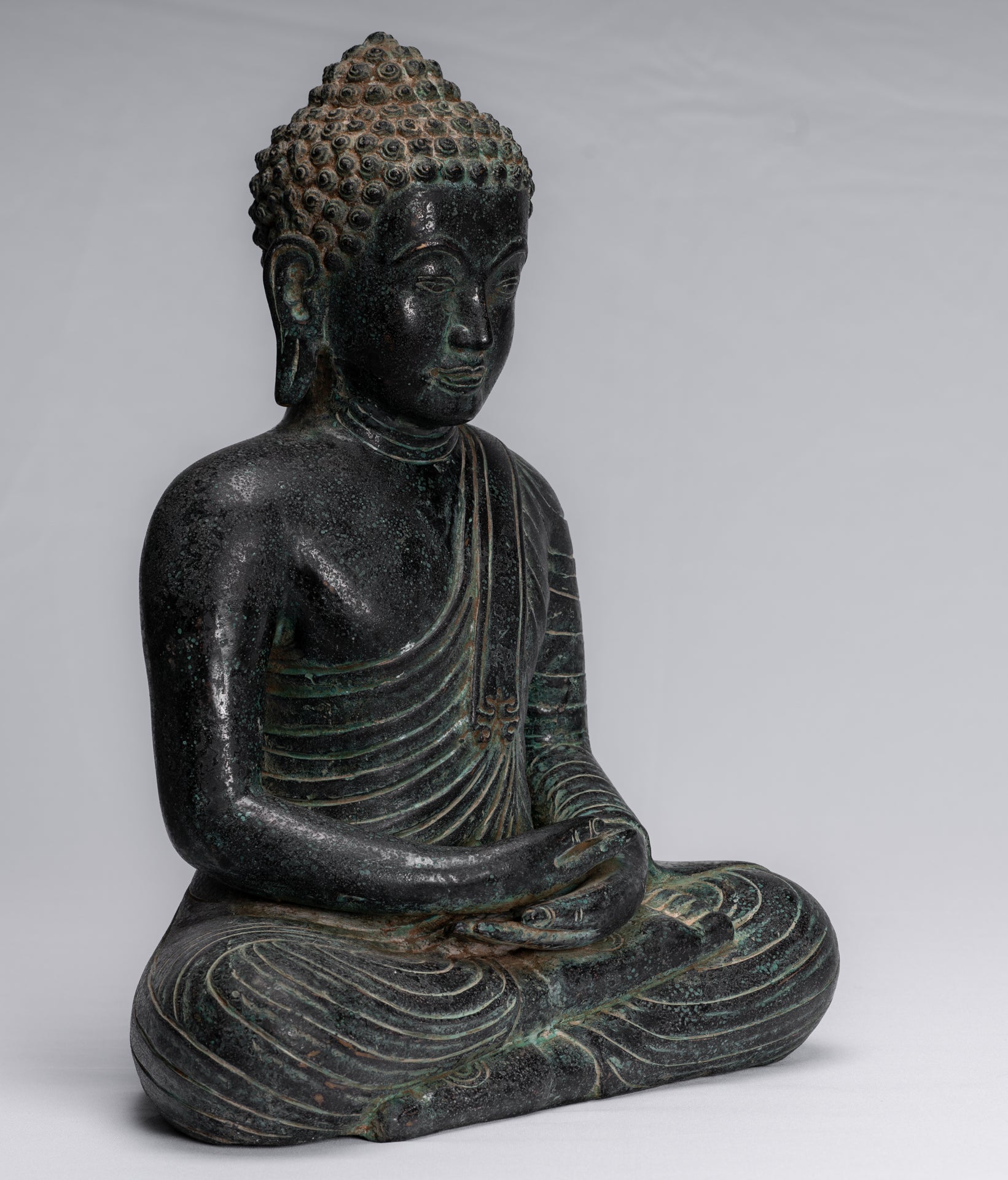 Buddha Statue - Antique Thai Style Seated Bronze Dvaravati Meditation Buddha Statue - 34cm/14"