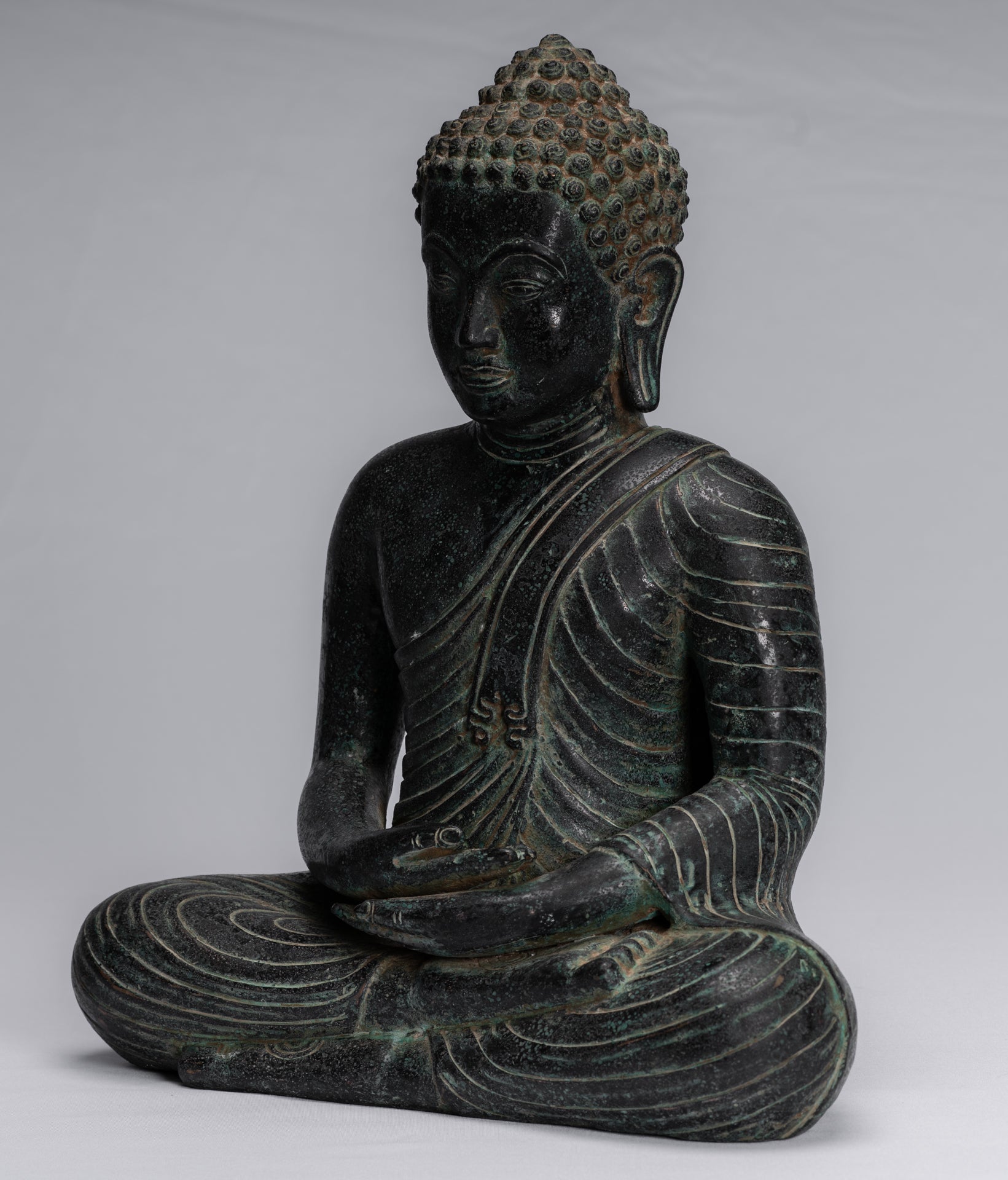 Buddha Statue - Antique Thai Style Seated Bronze Dvaravati Meditation Buddha Statue - 34cm/14"