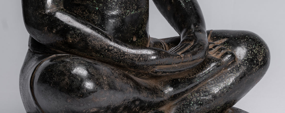 Antique Khmer Style Seated Bronze Meditation Jayavarman VII Statue - 42cm/17"