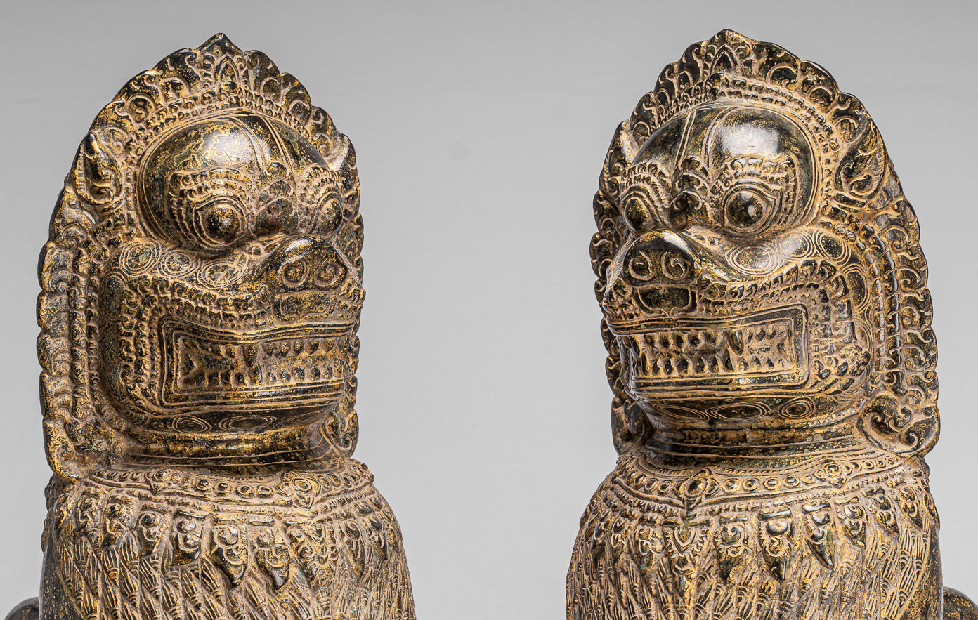 Antique Khmer Style Bronze Temple Guardians or Lions (Pair) - 72cm/29"
