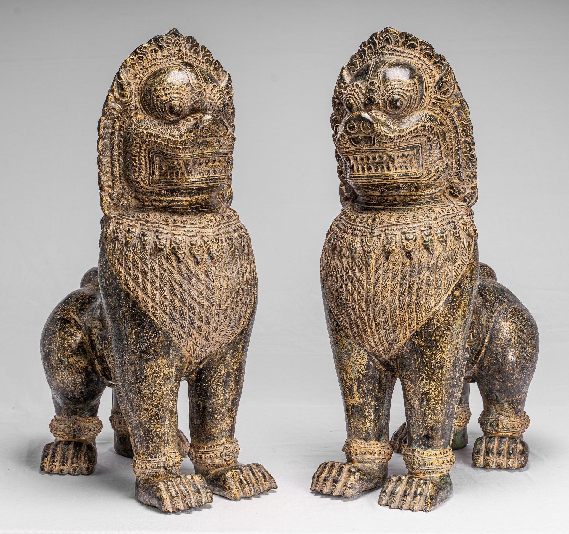 Antique Khmer Style Bronze Temple Guardians or Lions (Pair) - 72cm/29"
