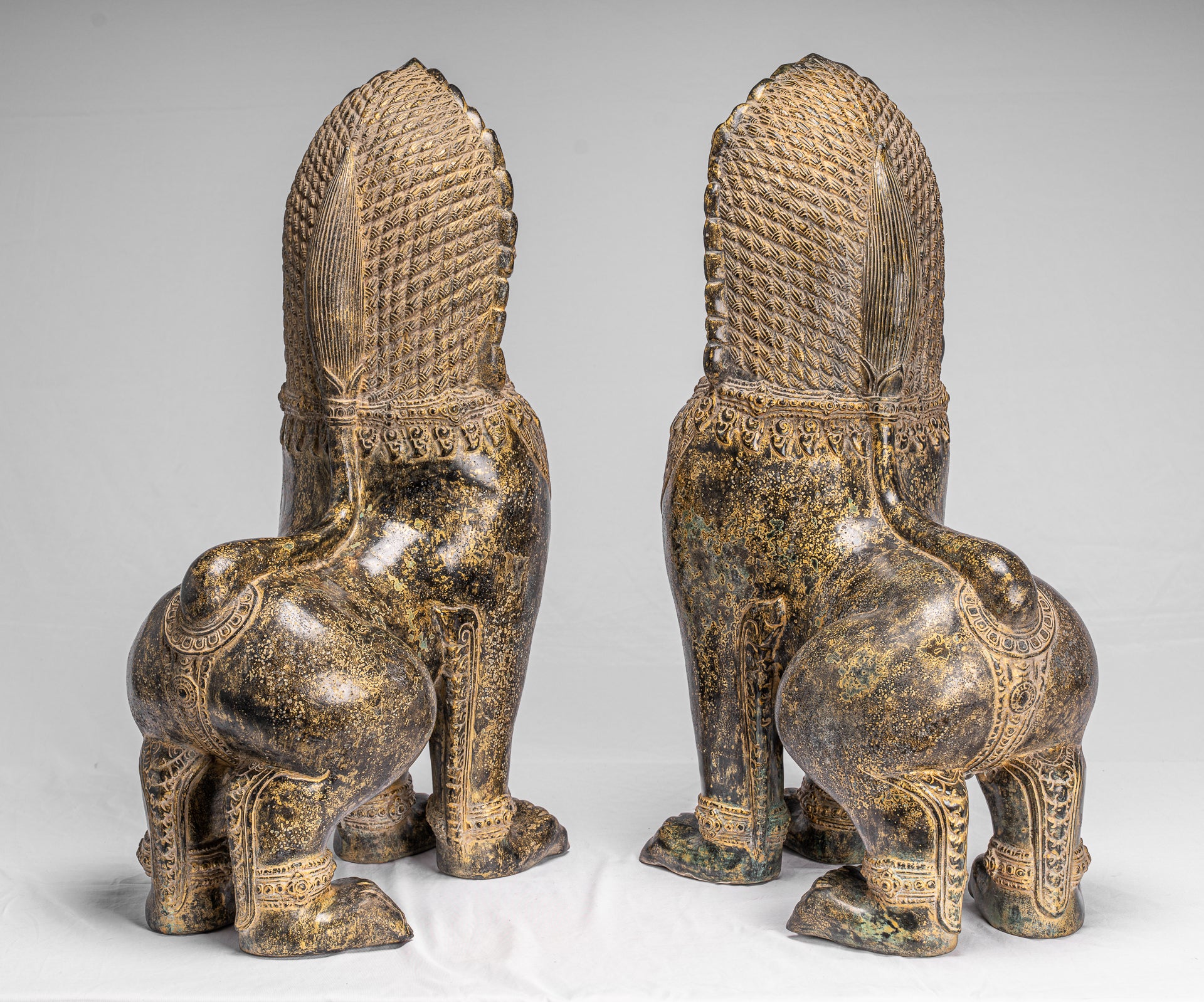 Antique Khmer Style Bronze Temple Guardians or Lions (Pair) - 72cm/29"