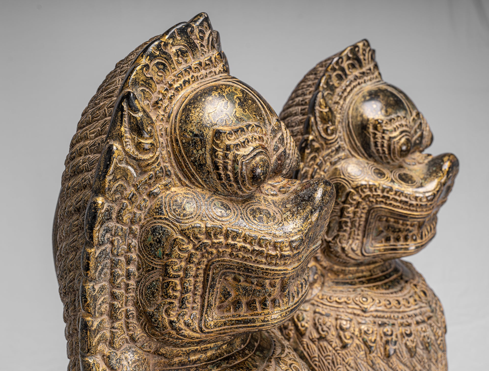 Antique Khmer Style Bronze Temple Guardians or Lions (Pair) - 72cm/29"