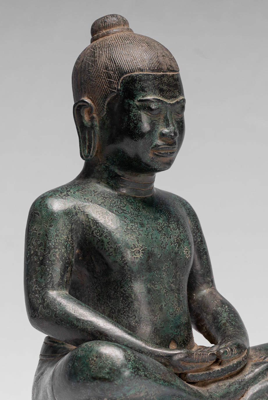 Antique Khmer Style Seated Bronze Meditation Jayavarman VII Statue - 26cm/10"