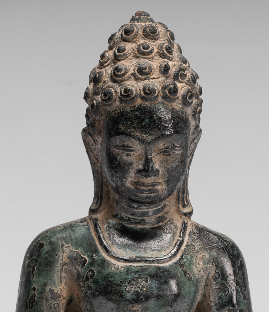 Buddha Statue - Antique Khmer Style Seated Bronze Phnom Da Meditation Buddha Statue - 20cm/8"