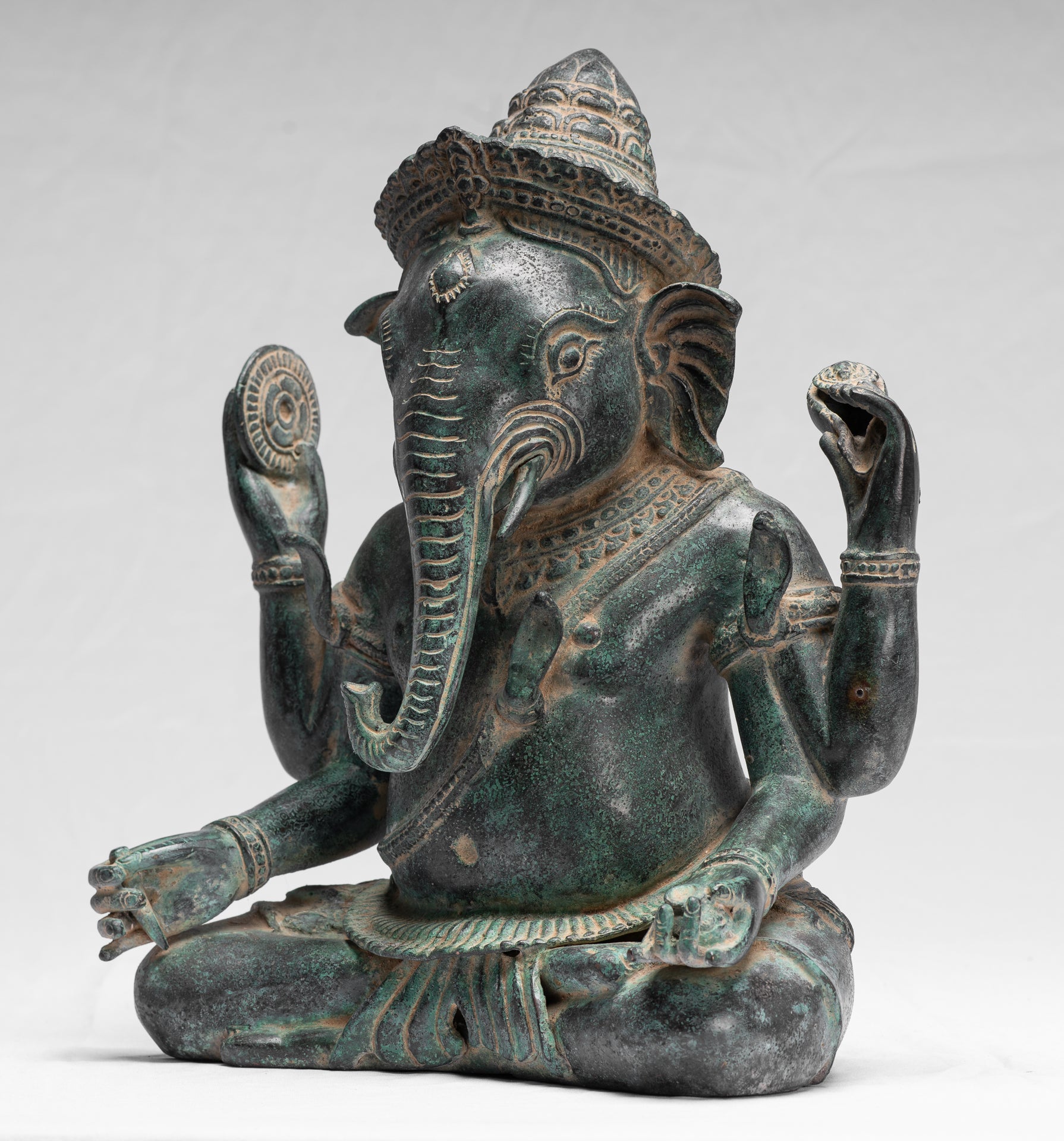 Ganesha Statue-Antique Khmer Style Bayon Bronze Seated Four Arm Ganesh Statue-36cm/14 "