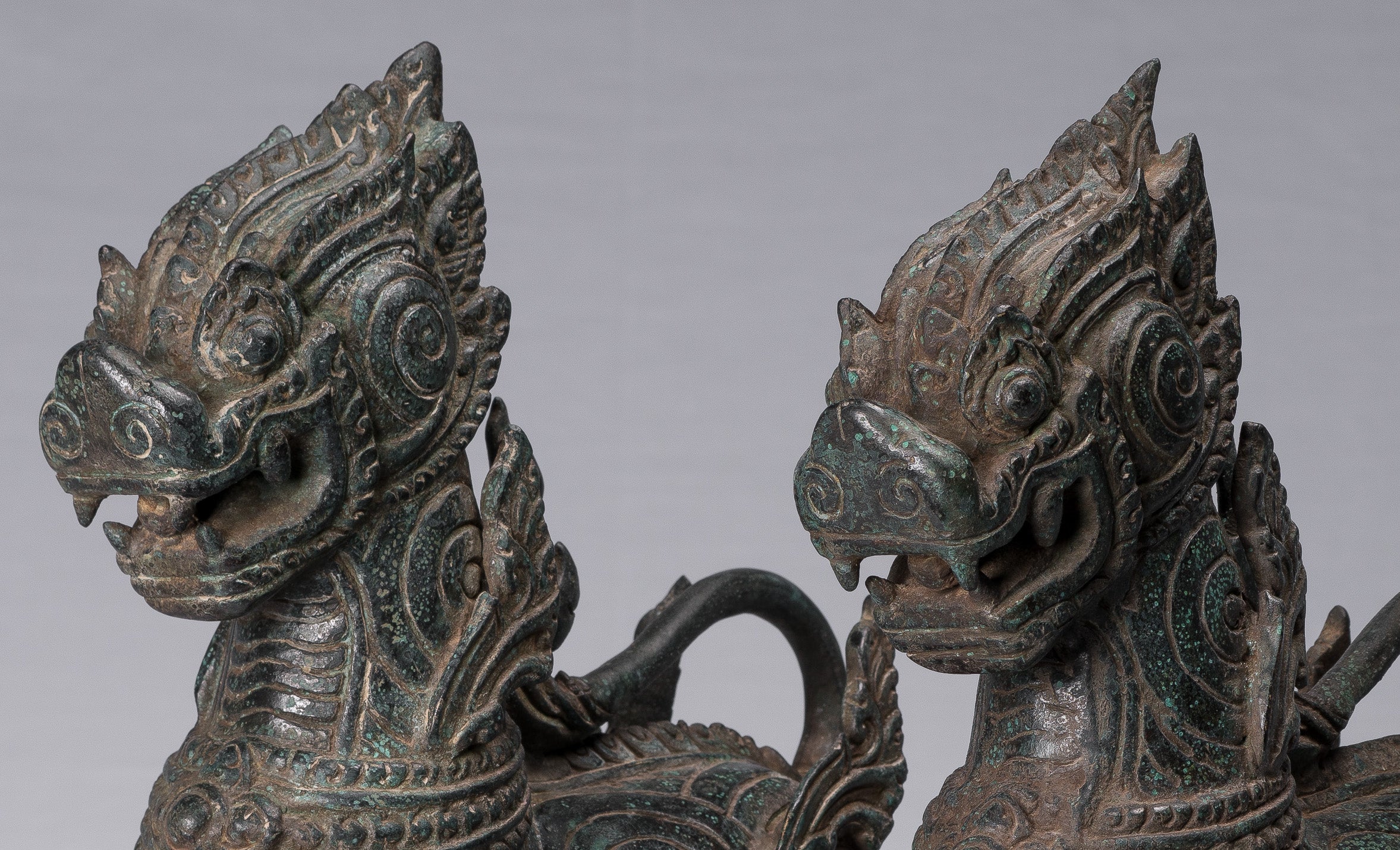 Antique Burmese Style Bronze Standing Chinthe Guardian Temple Lions - 37cm/15"