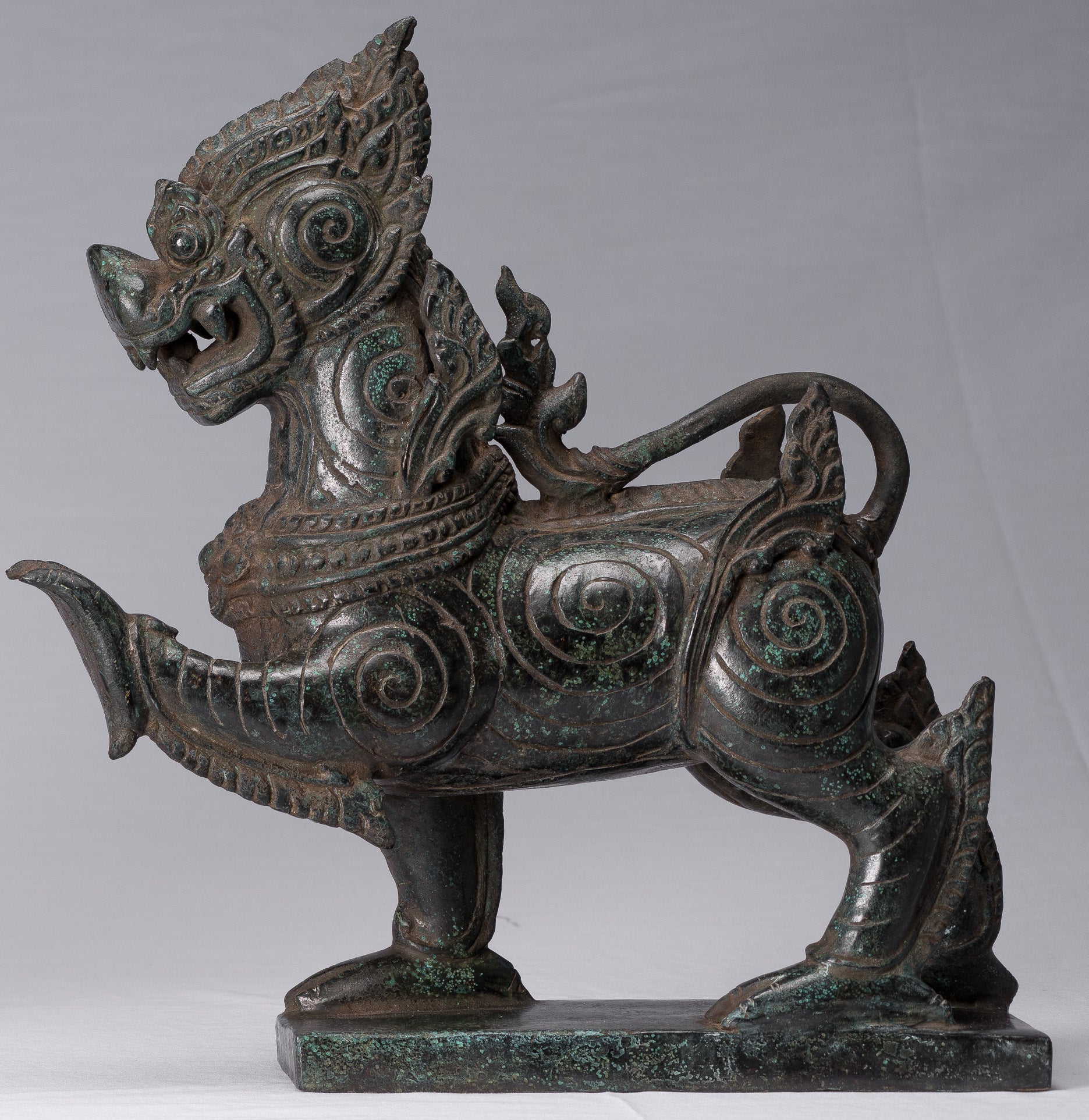 Antique Burmese Style Bronze Standing Chinthe Guardian Temple Lions - 37cm/15"