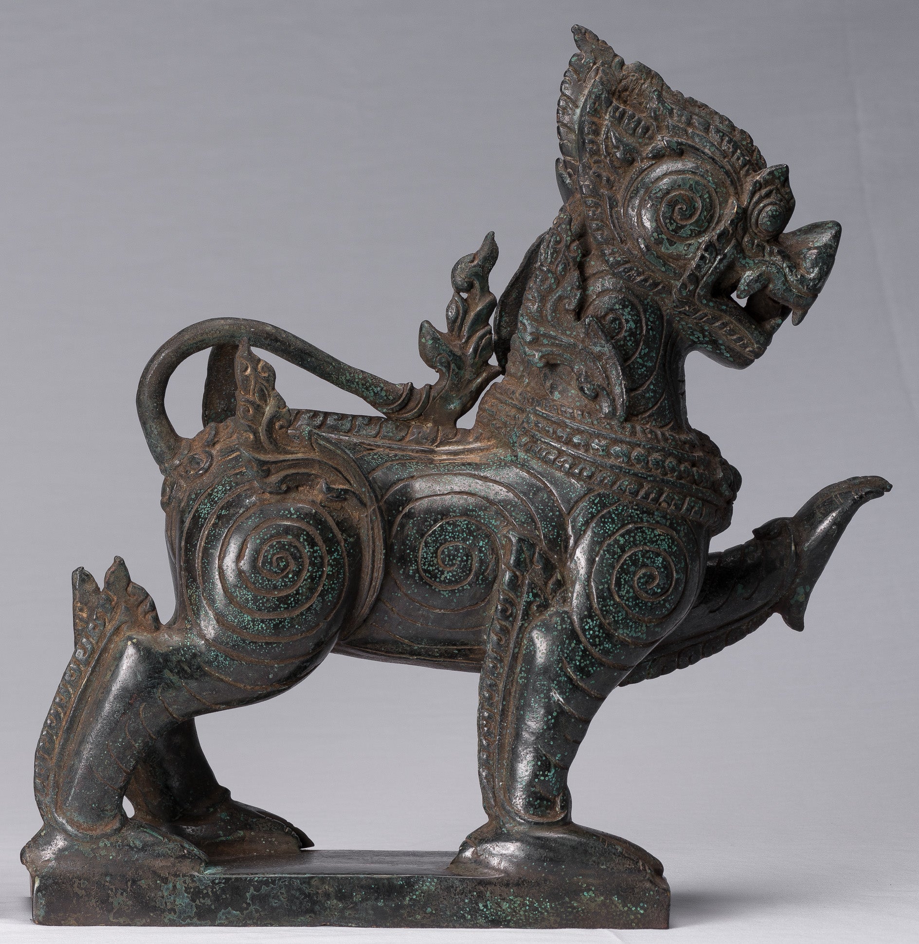 Antique Burmese Style Bronze Standing Chinthe Guardian Temple Lions - 37cm/15"