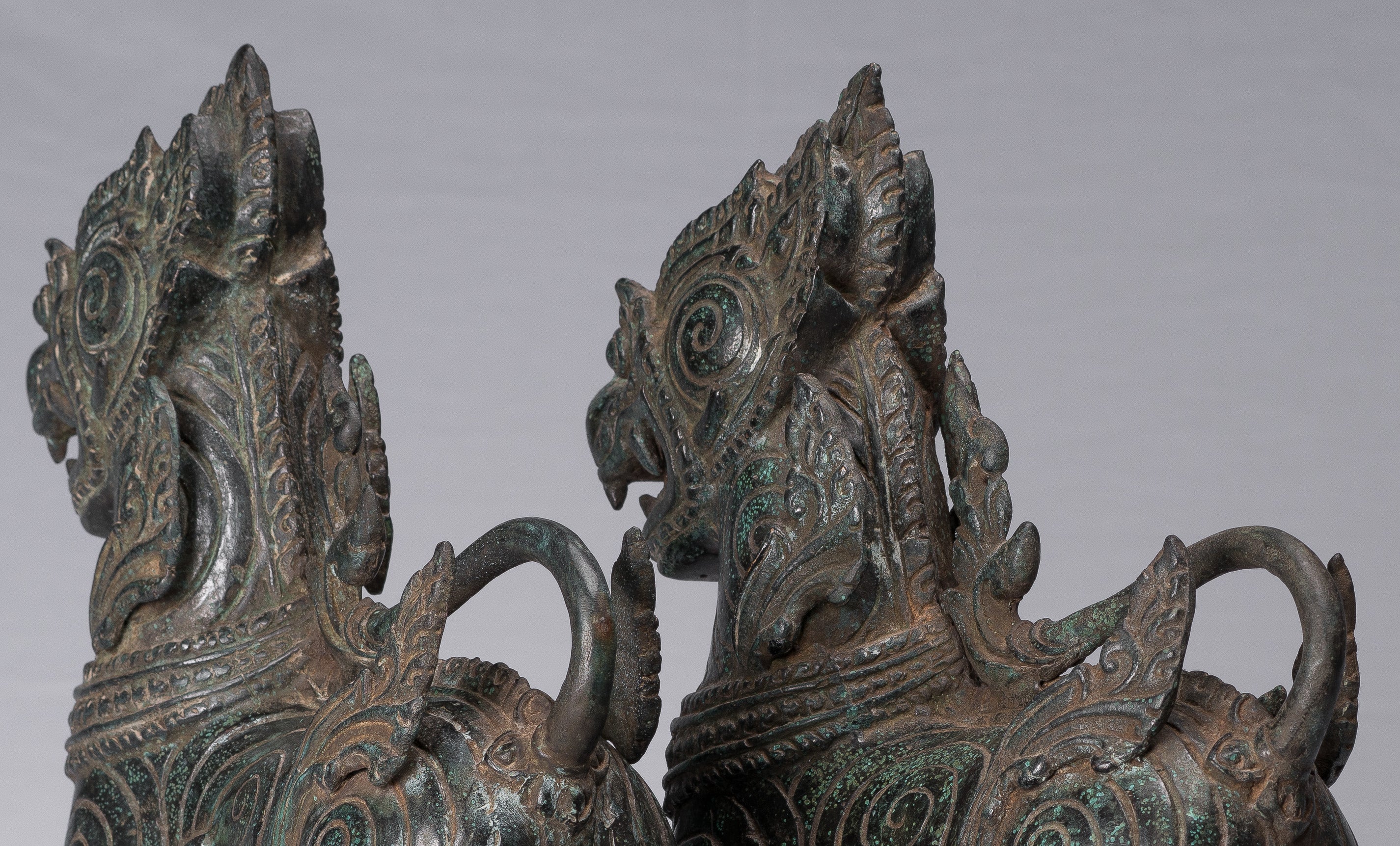 Antique Burmese Style Bronze Standing Chinthe Guardian Temple Lions - 37cm/15"