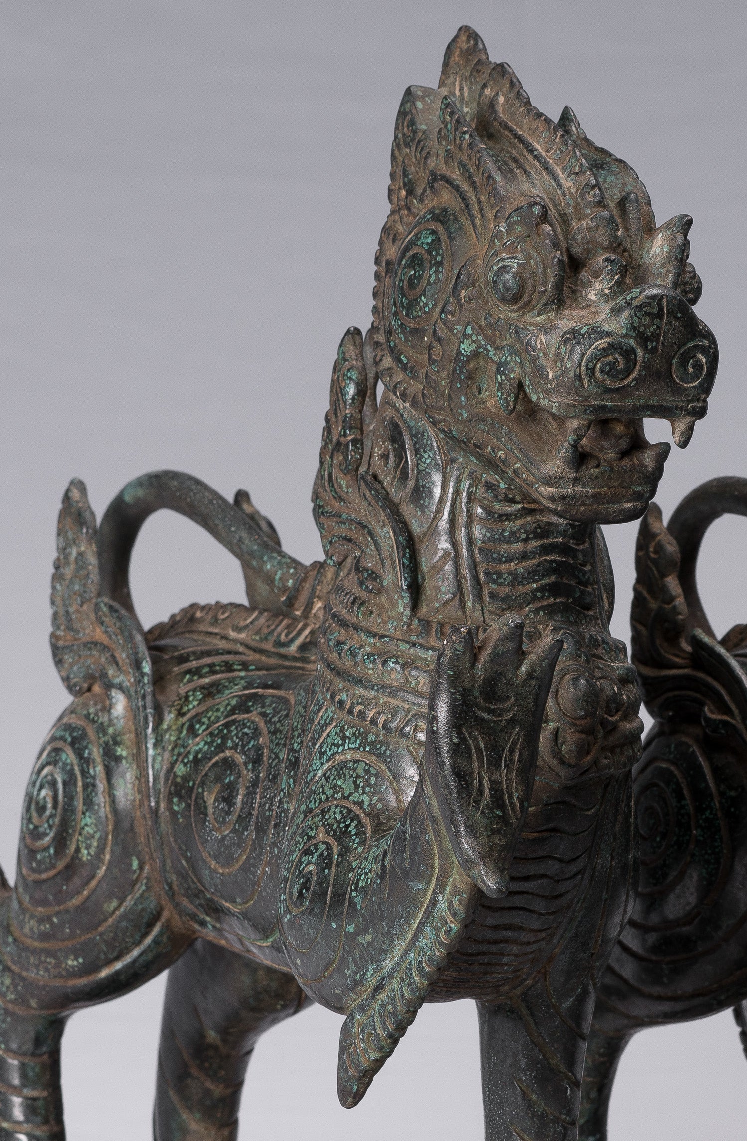 Antique Burmese Style Bronze Standing Chinthe Guardian Temple Lions - 37cm/15"