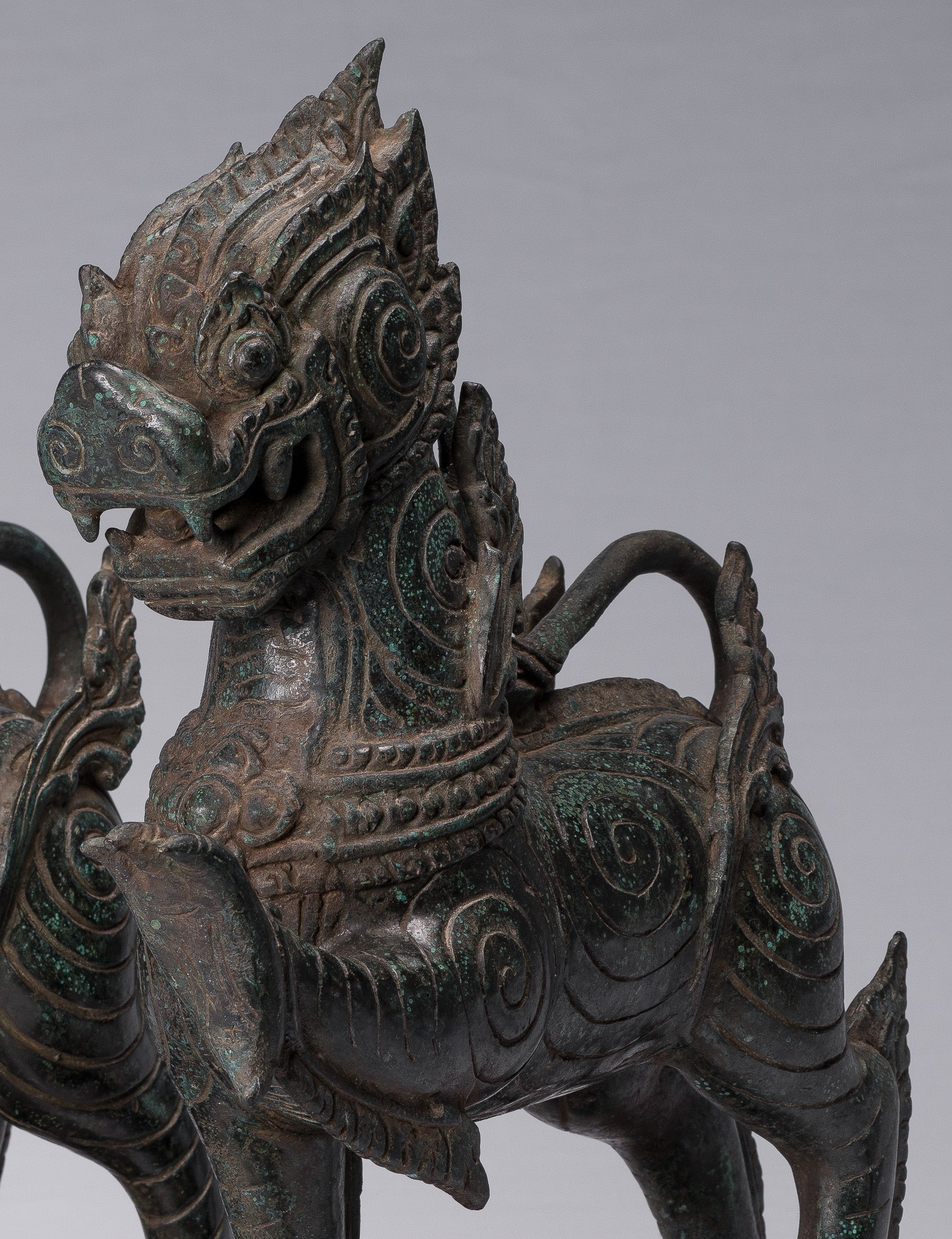 Antique Burmese Style Bronze Standing Chinthe Guardian Temple Lions - 37cm/15"