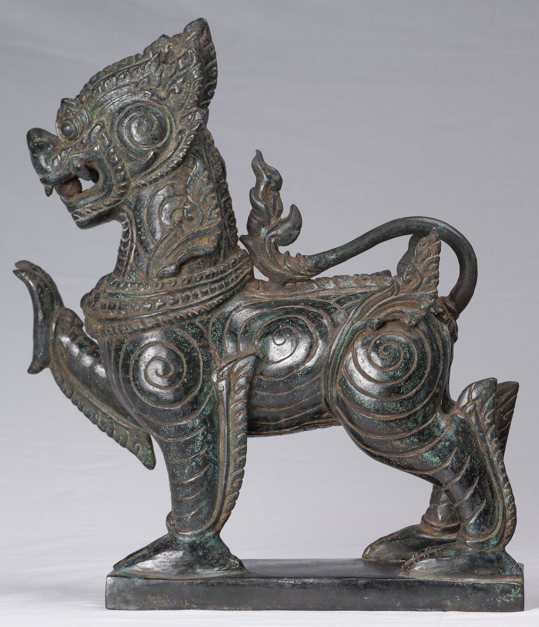 Antique Burmese Style Bronze Standing Chinthe Guardian Temple Lions - 37cm/15"