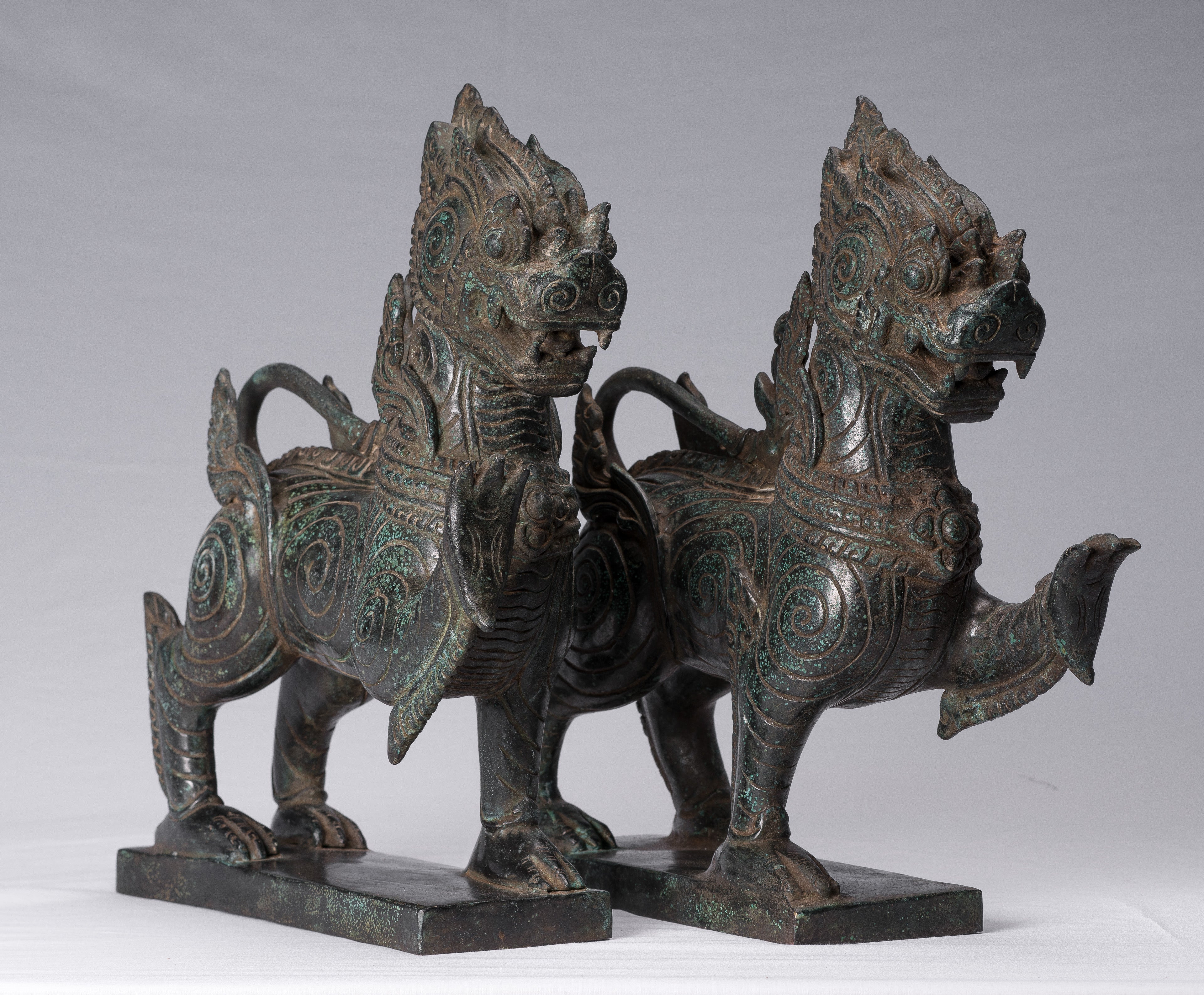 Antique Burmese Style Bronze Standing Chinthe Guardian Temple Lions - 37cm/15"