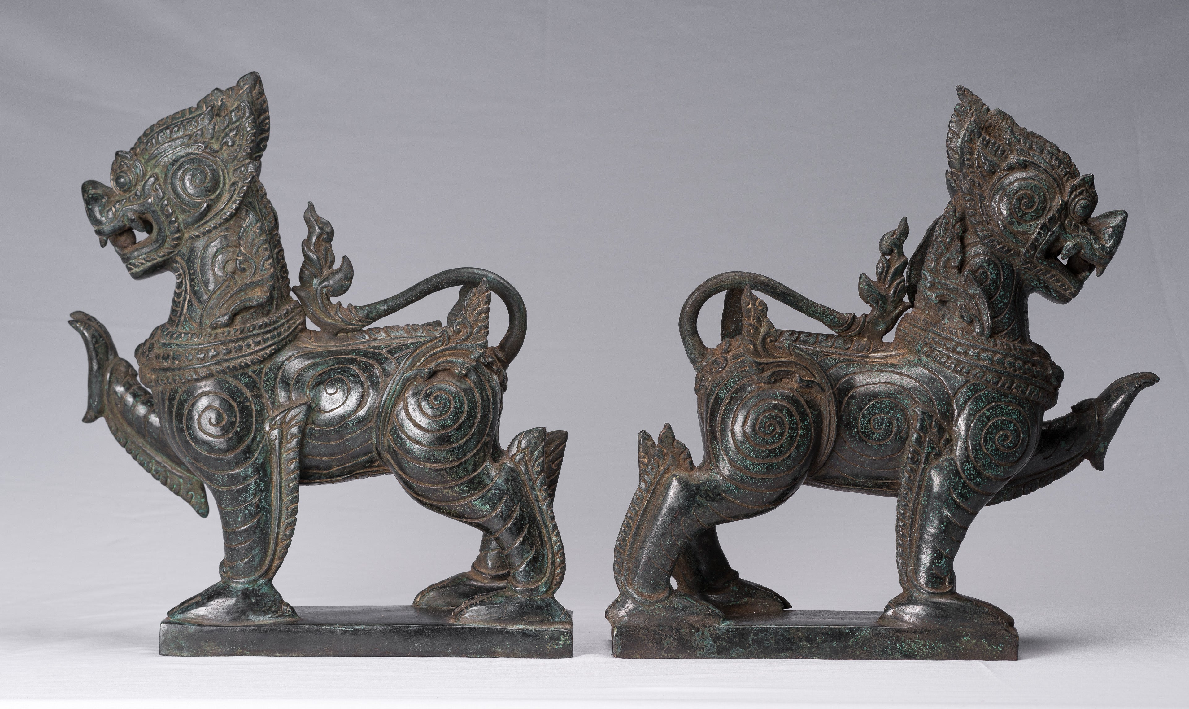 Antique Burmese Style Bronze Standing Chinthe Guardian Temple Lions - 37cm/15"