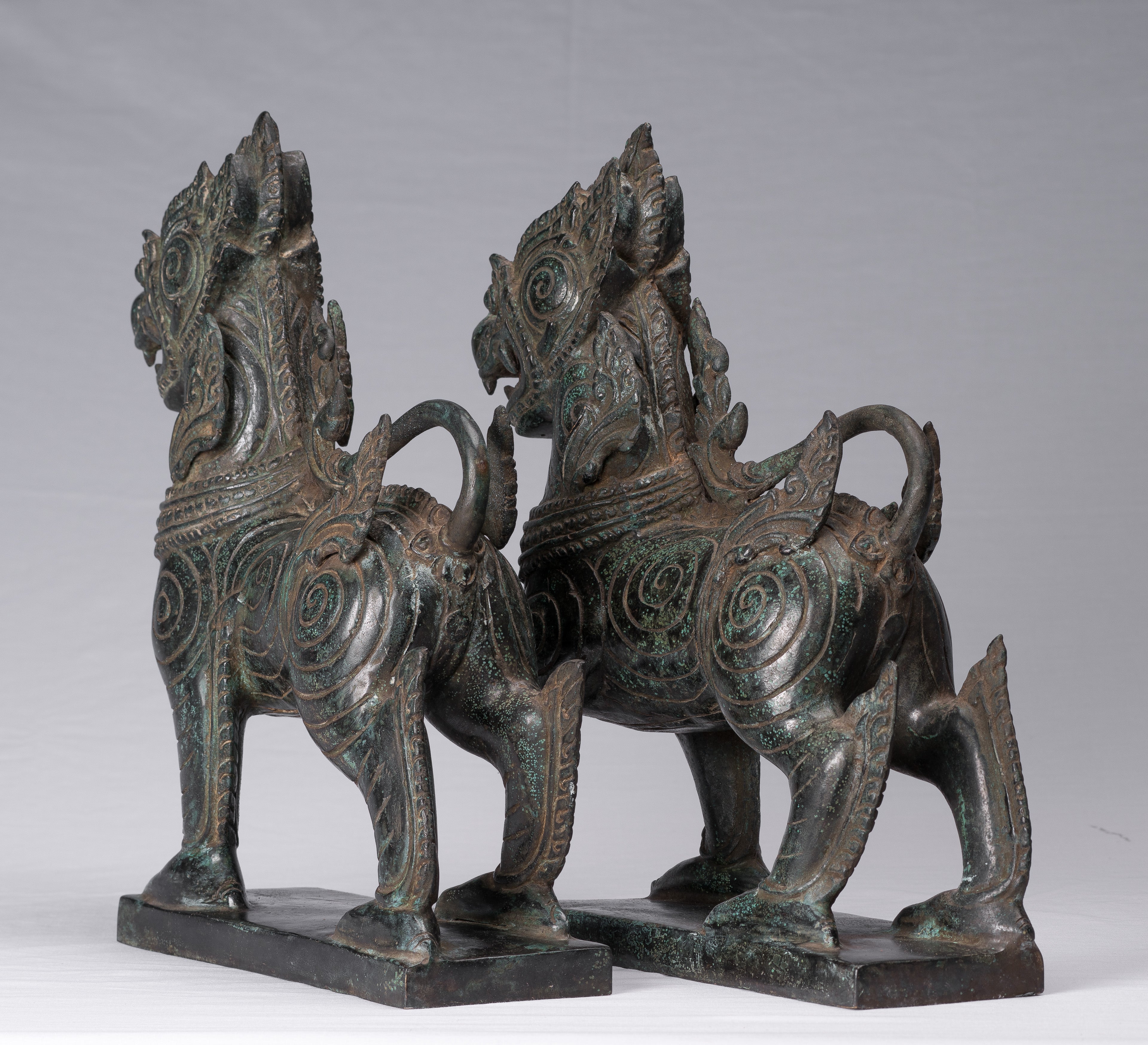 Antique Burmese Style Bronze Standing Chinthe Guardian Temple Lions - 37cm/15"