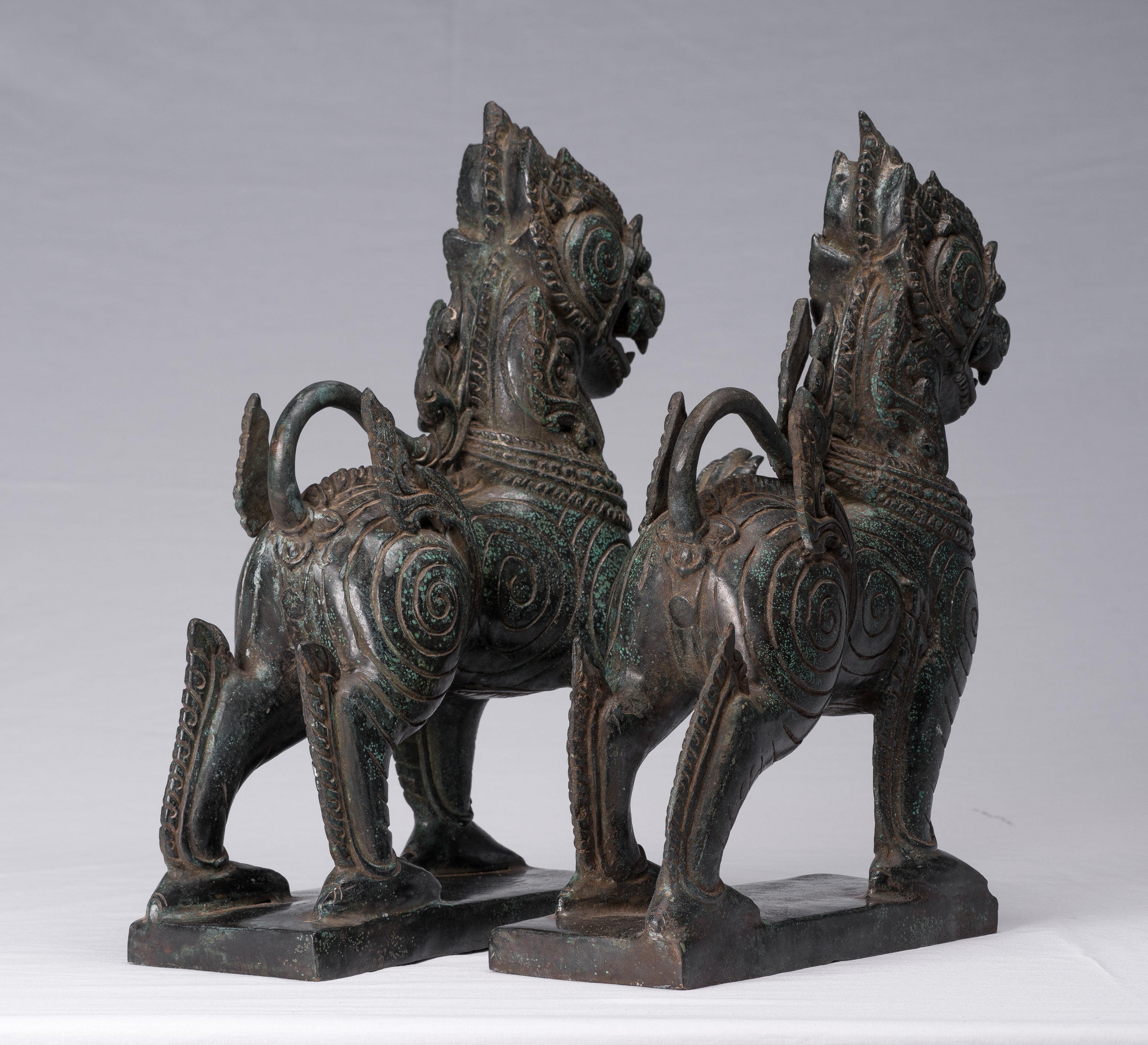 Antique Burmese Style Bronze Standing Chinthe Guardian Temple Lions - 37cm/15"