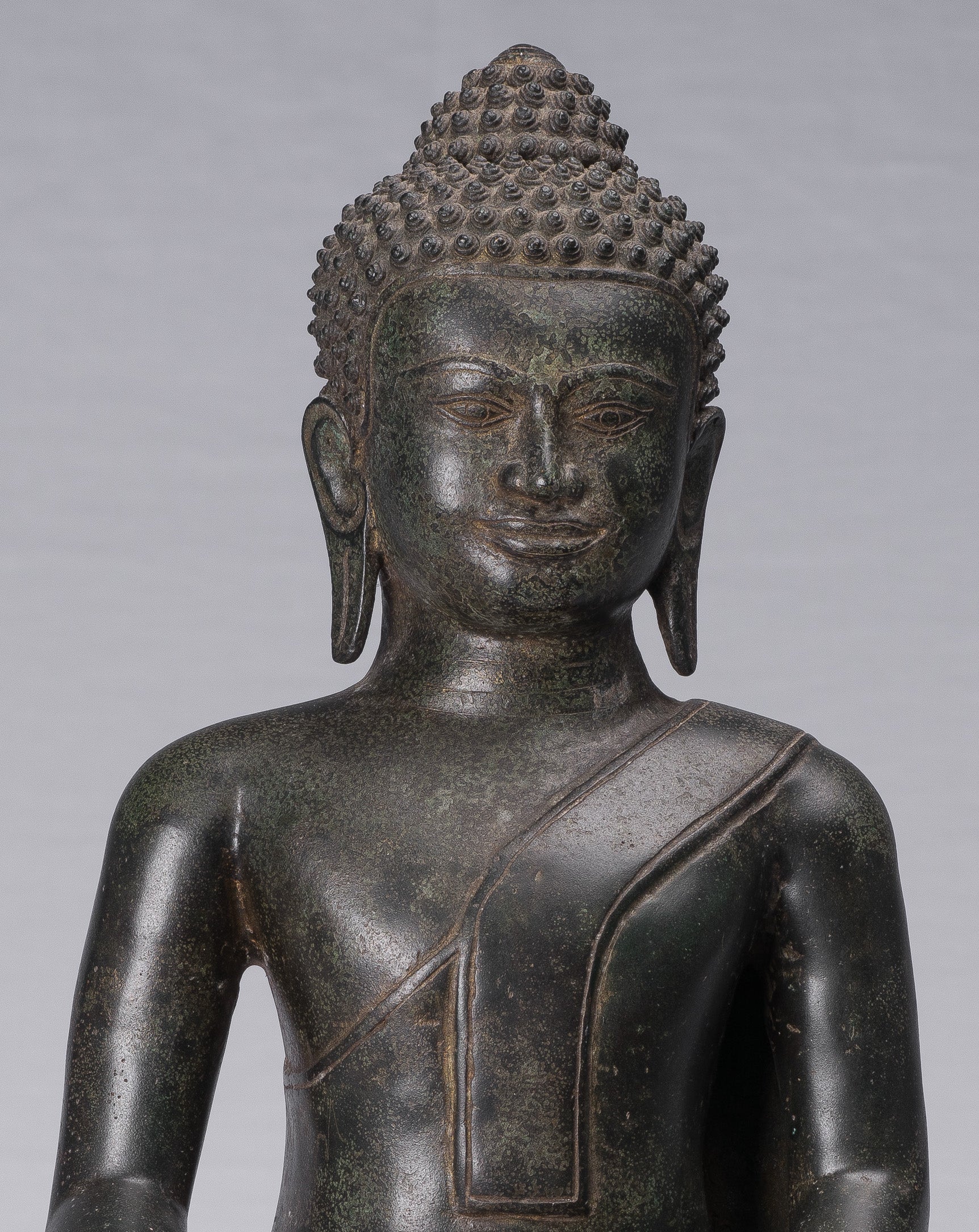 Buddha Statue - Antique Khmer Style Bronze Enlightenment Seated Buddha Statue - 46cm/18"