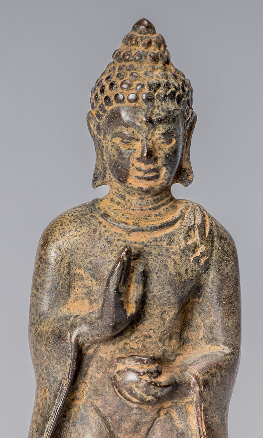 Statue de Bouddha – Statue de Bouddha de charité javanaise debout en bronze de style indonésien antique – 17 cm