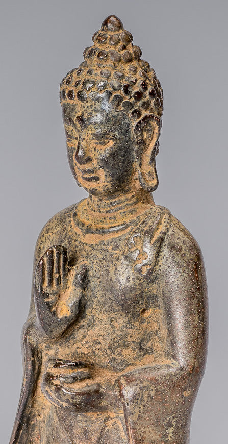Statue de Bouddha – Statue de Bouddha de charité javanaise debout en bronze de style indonésien antique – 17 cm