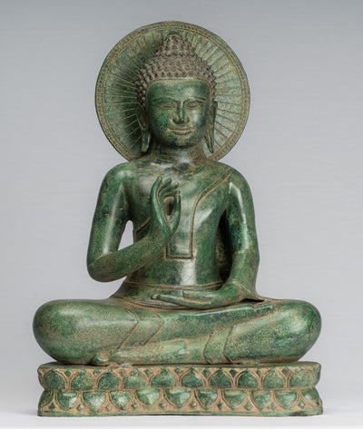 Buddha-Statue – antike Bronze-Buddha-Statue im Khmer-Stil, Dharmachakra-Lehren-Mudra – 47 cm.