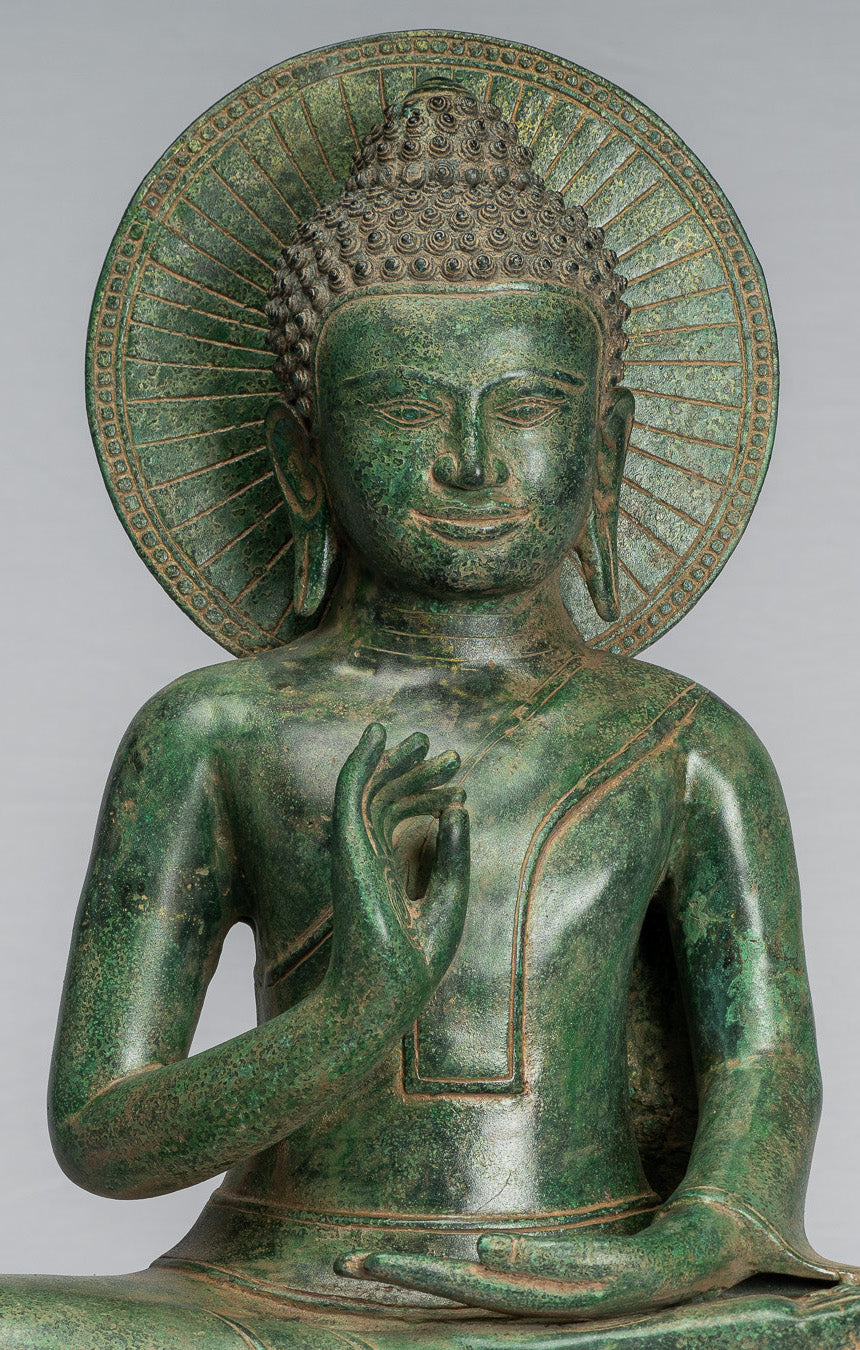 Statua di Buddha - Antique Khmer Style Bronzo Buddha Statua Dharmachakra Insegnamento Mudra - 47cm/19 "