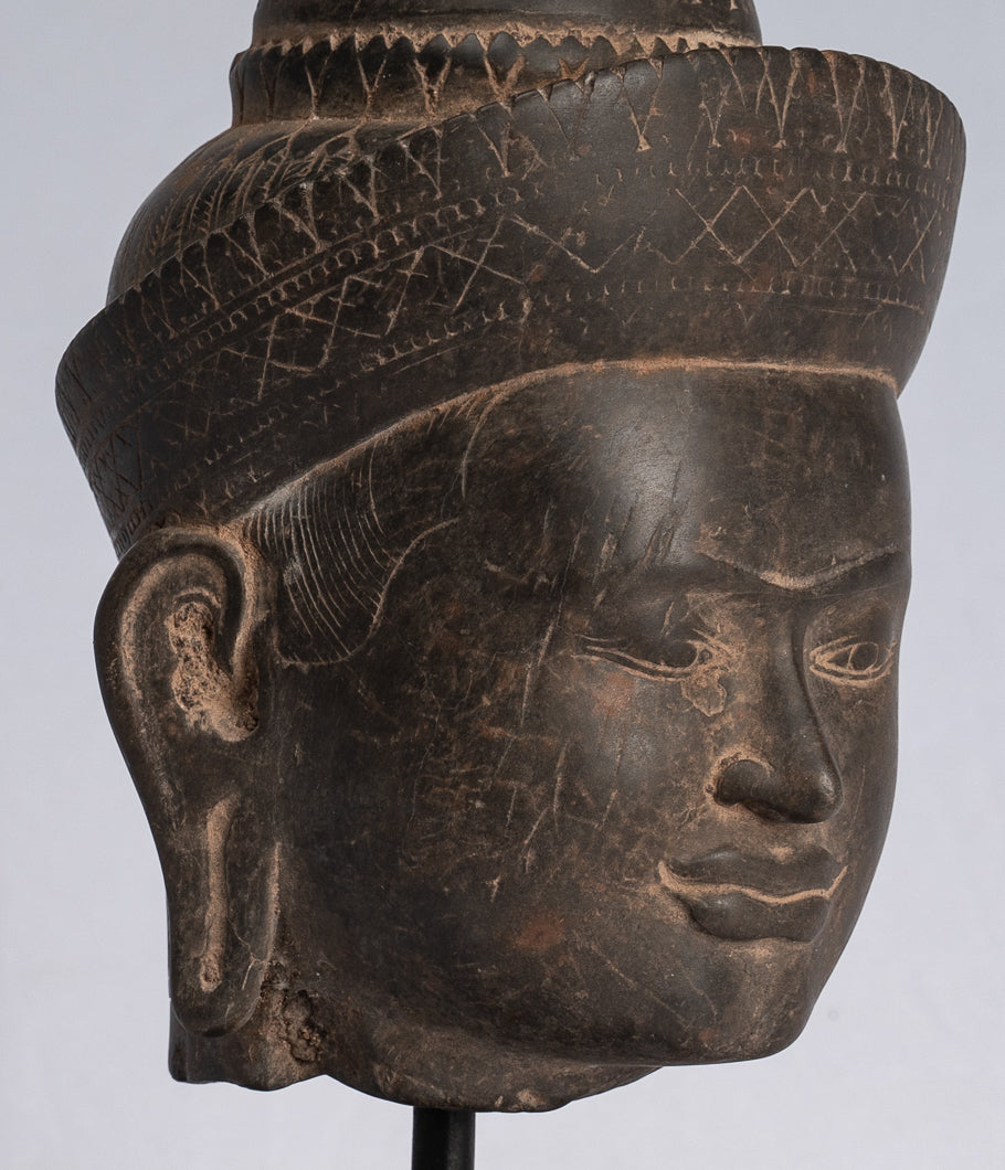 Buddha Statue - Antique Banteay Srei Style Stone Mounted Khmer Buddha Head - 24cm / 10"