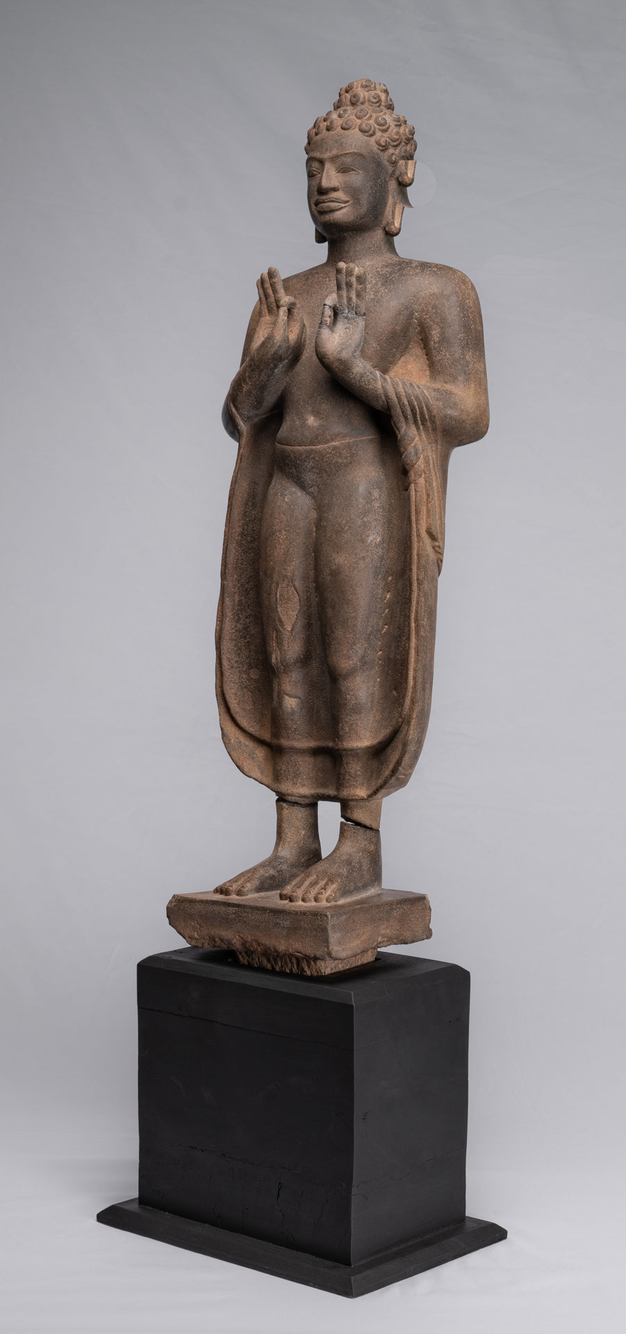 Buddha Statue - Antique Thai Style Standing Stone Dvaravati Buddha Statue - 102cm/41" Tall