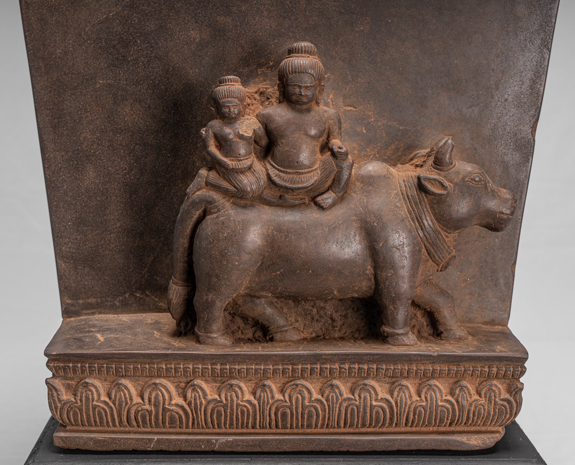 Antique Baphuon Style Stone Khmer Sanskrit Stele with Nandi - 72cm / 29"