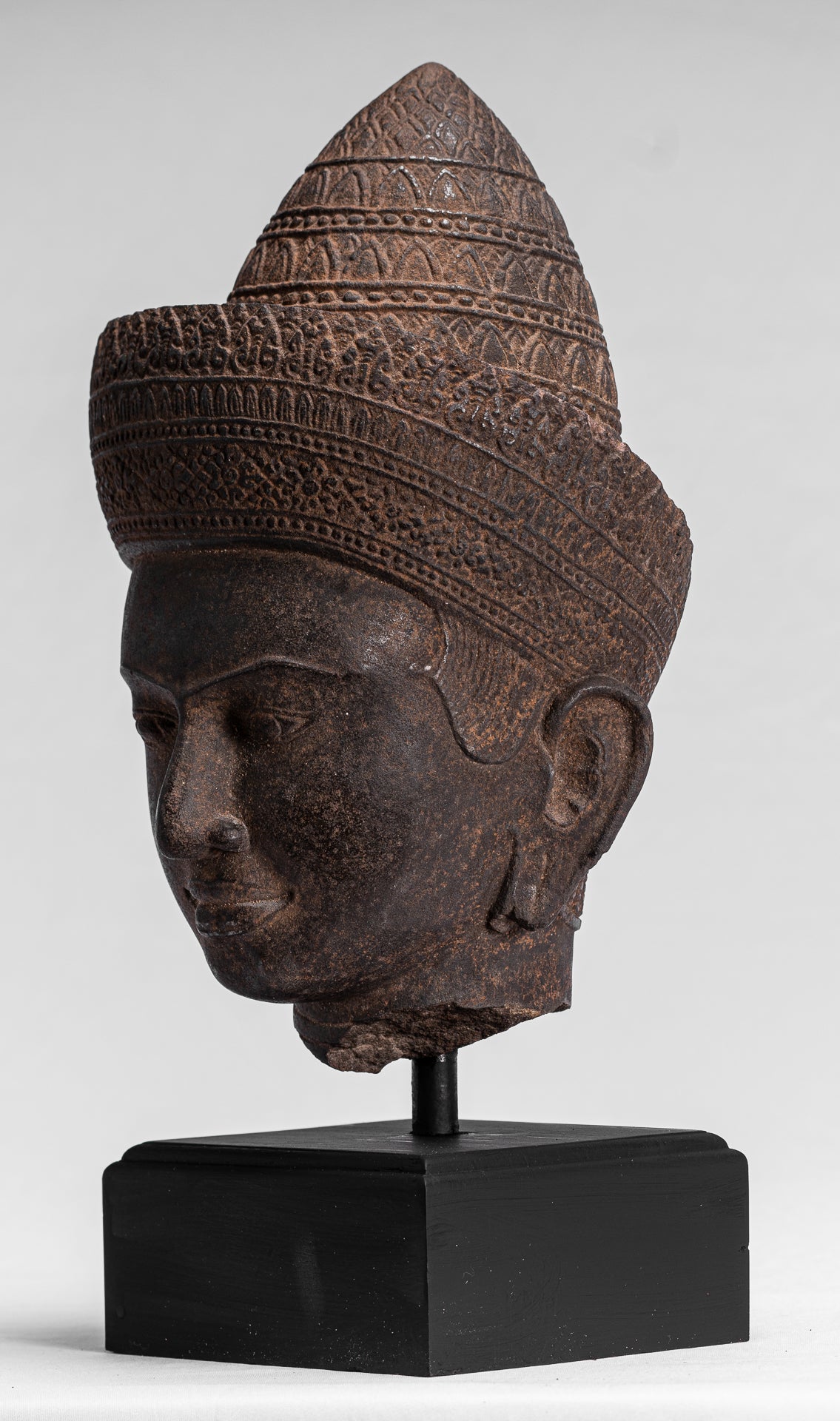 Buddha Statue - Antique Angkor Wat Style Stone Mounted Khmer Buddha Head - 42cm / 17"