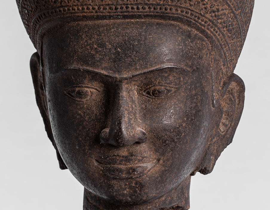 Buddha Statue - Antique Angkor Wat Style Stone Mounted Khmer Buddha Head - 42cm / 17"