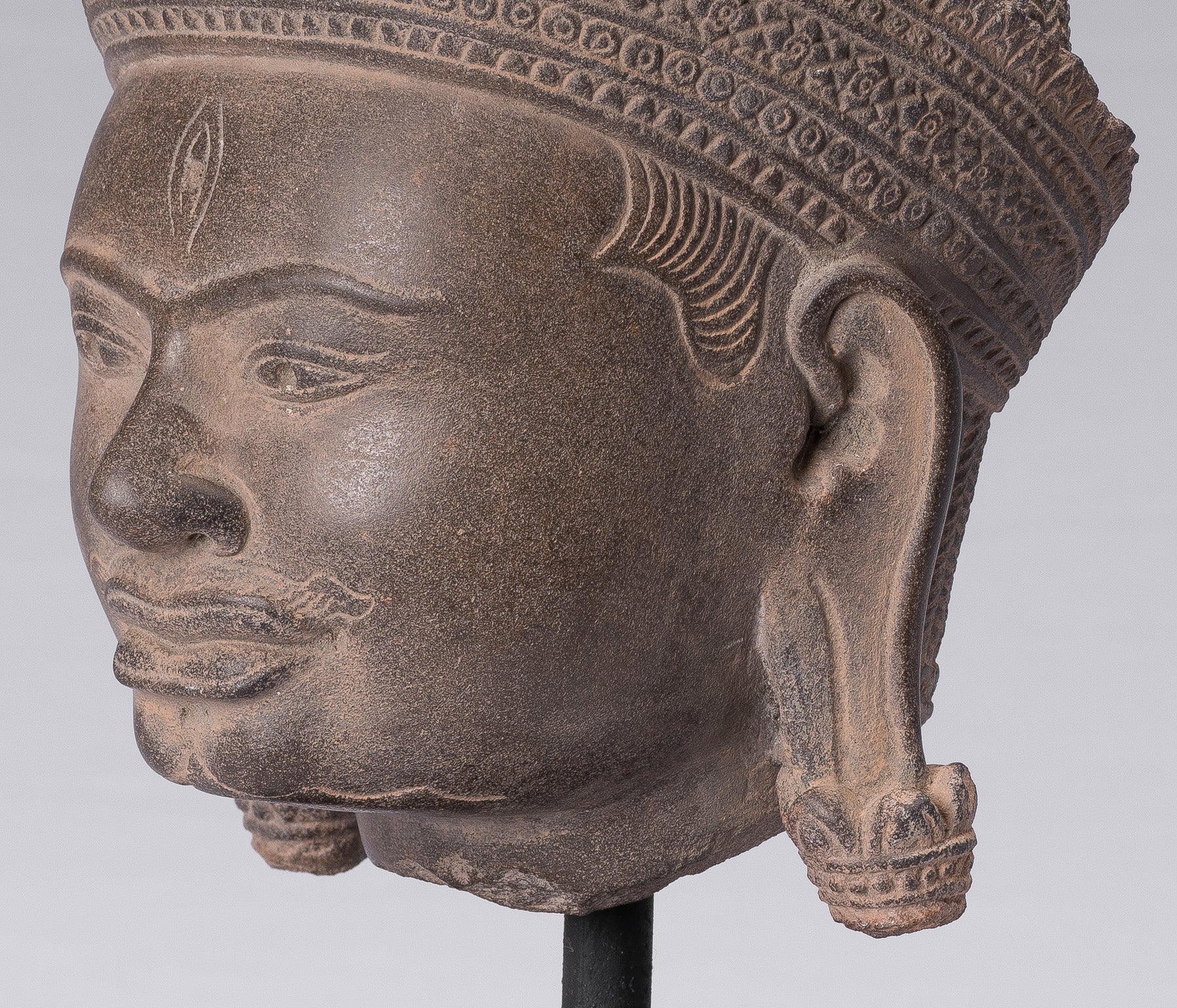 Shiva Statue - Antique Banteay Srei Style Khmer Stone Shiva Statue Head - Destroyer - 31 cm/12 "