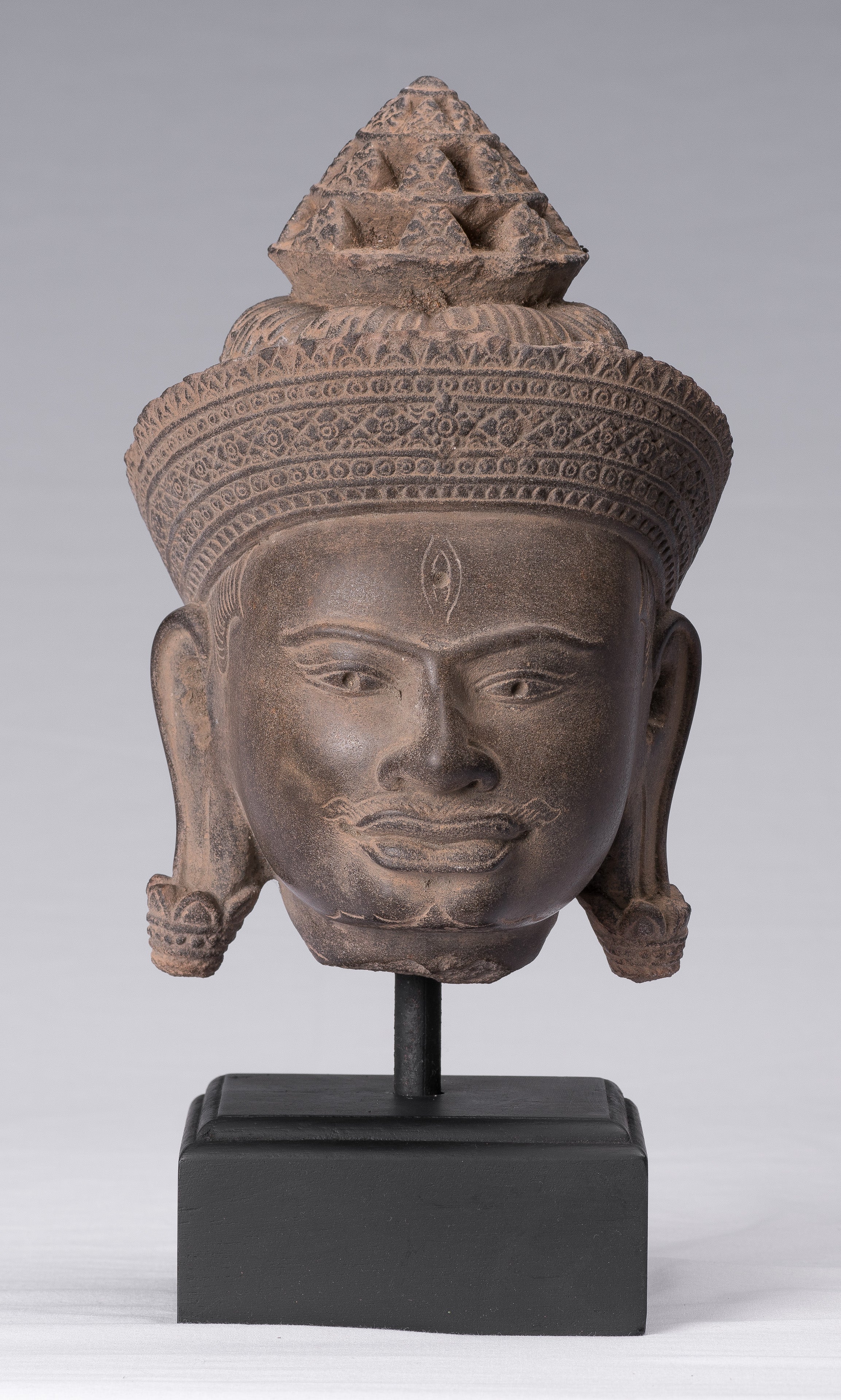 Shiva Statue - Antique Banteay Srei Style Khmer Stone Shiva Statue Head - Destroyer - 31 cm/12 "