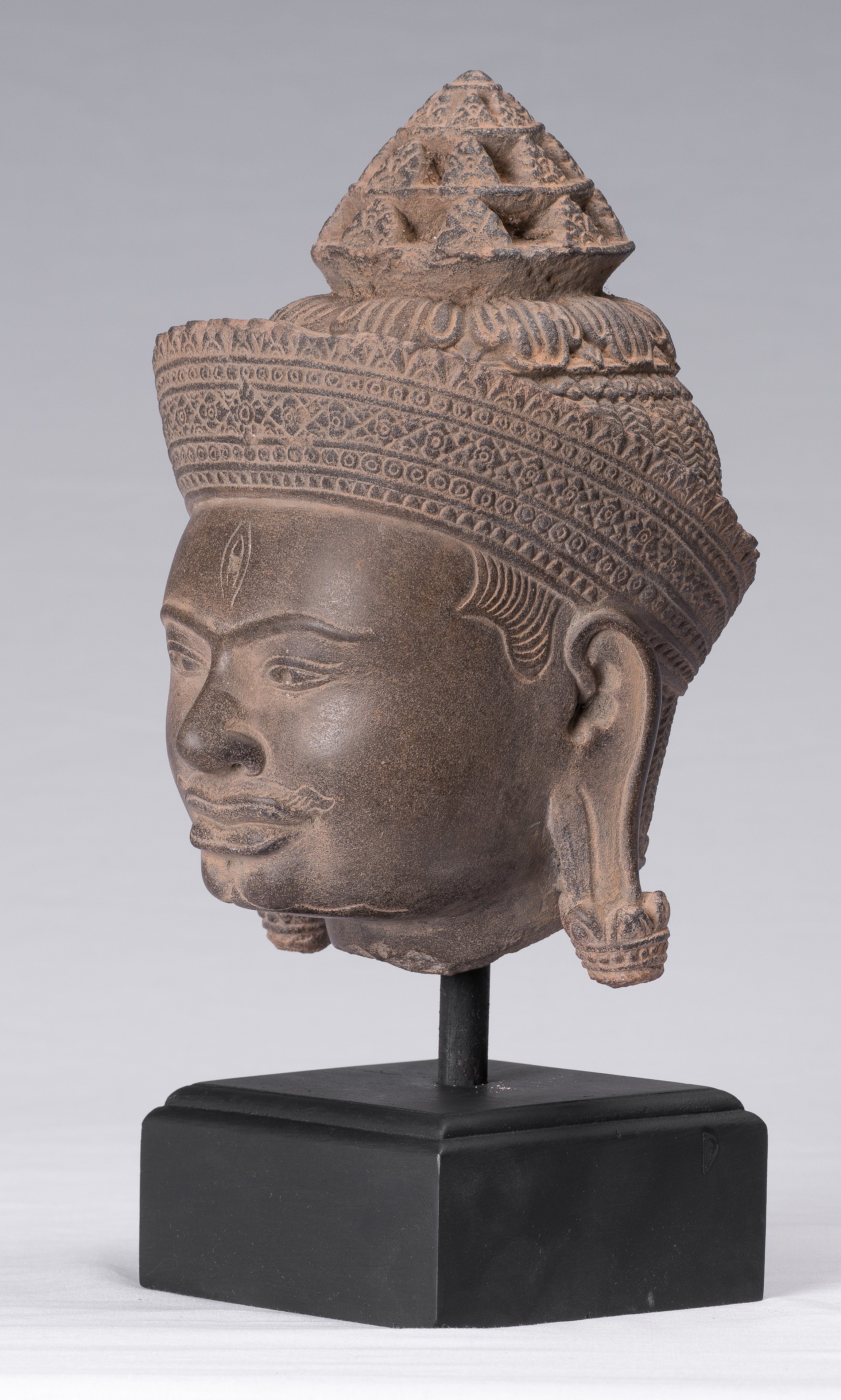 Shiva Statue - Antique Banteay Srei Style Khmer Stone Shiva Statue Head - Destroyer - 31 cm/12 "