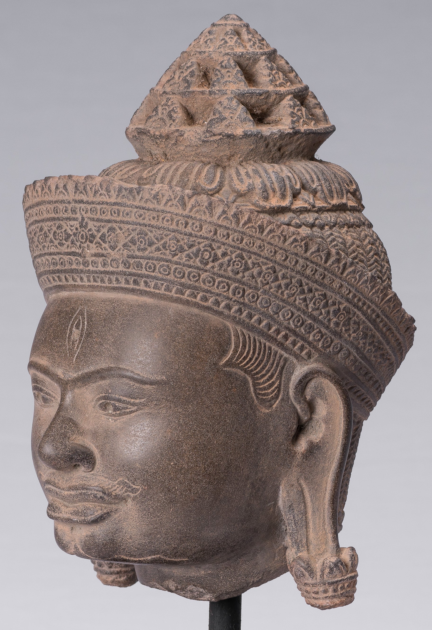 Shiva Statue - Antique Banteay Srei Style Khmer Stone Shiva Statue Head - Destroyer - 31 cm/12 "