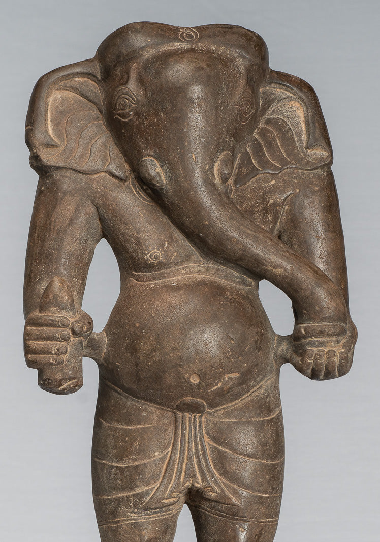 Ganesha Statue - Antique Vietnamese Style Stone Cham Mounted Ganesha Torso Statue - 64cm/26"