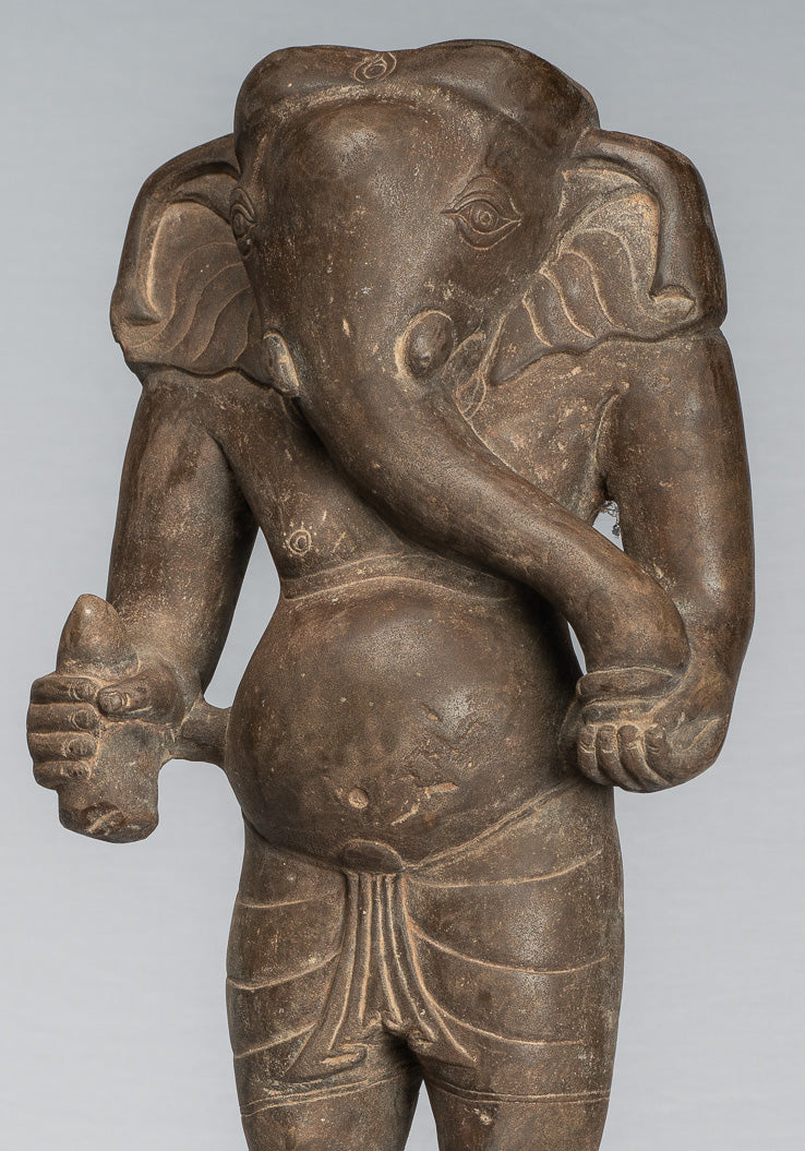 Ganesha Statue - Antique Vietnamese Style Stone Cham Mounted Ganesha Torso Statue - 64cm/26"