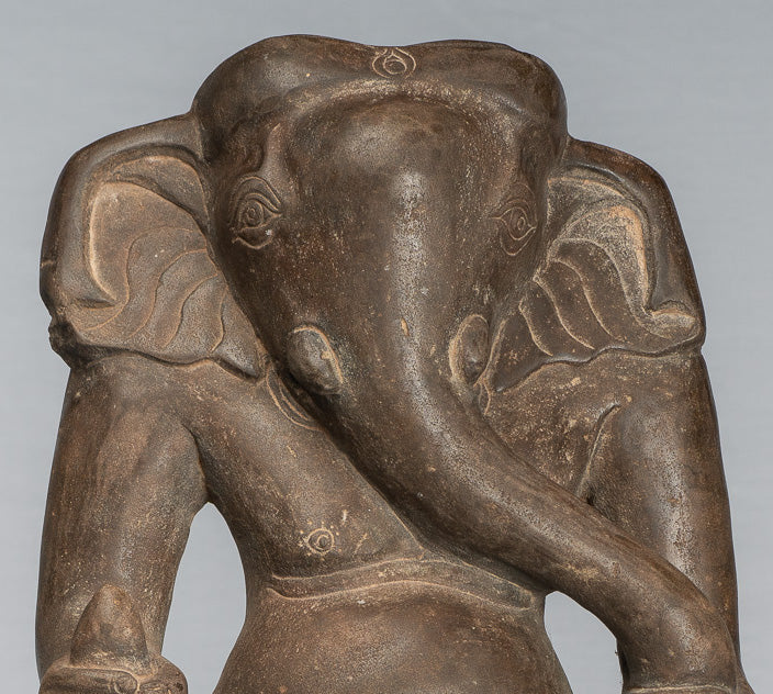 Ganesha Statue - Antique Vietnamese Style Stone Cham Mounted Ganesha Torso Statue - 64cm/26"