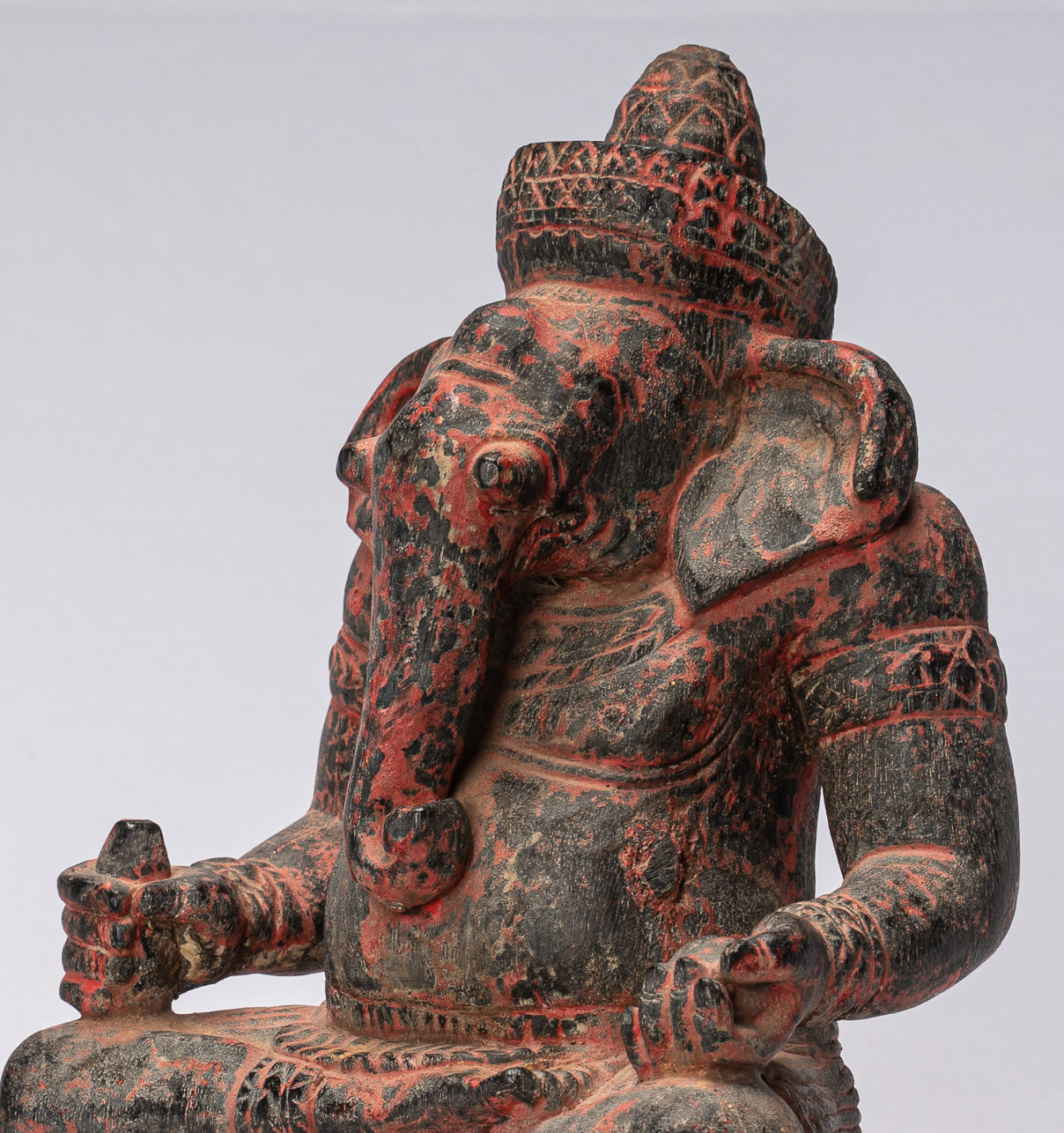Ganesha Statue -  Khmer Style Wood Seated Ganesh Statue - 29cm/12"