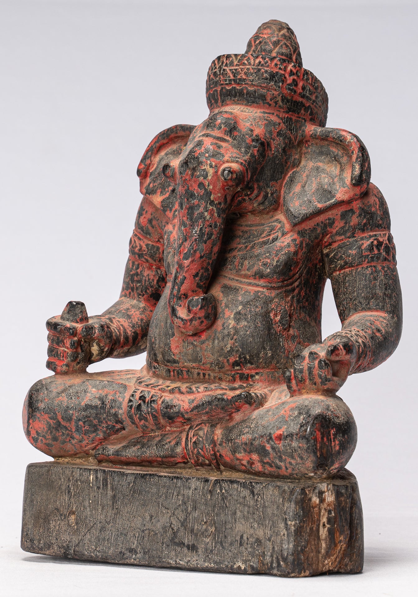 Ganesha Statue -  Khmer Style Wood Seated Ganesh Statue - 29cm/12"