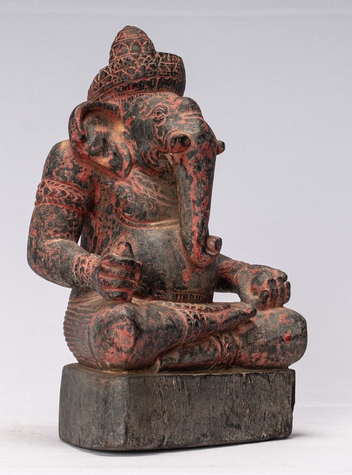 Ganesha Statue -  Khmer Style Wood Seated Ganesh Statue - 29cm/12"