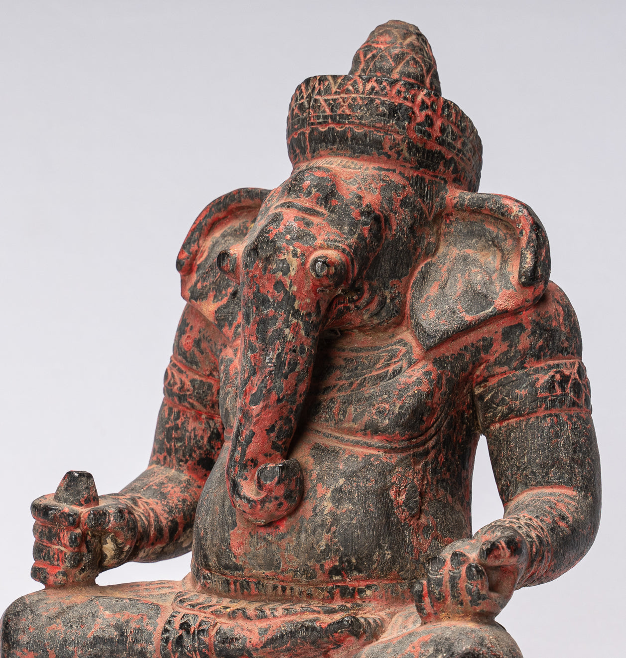Ganesha Statue -  Khmer Style Wood Seated Ganesh Statue - 29cm/12"