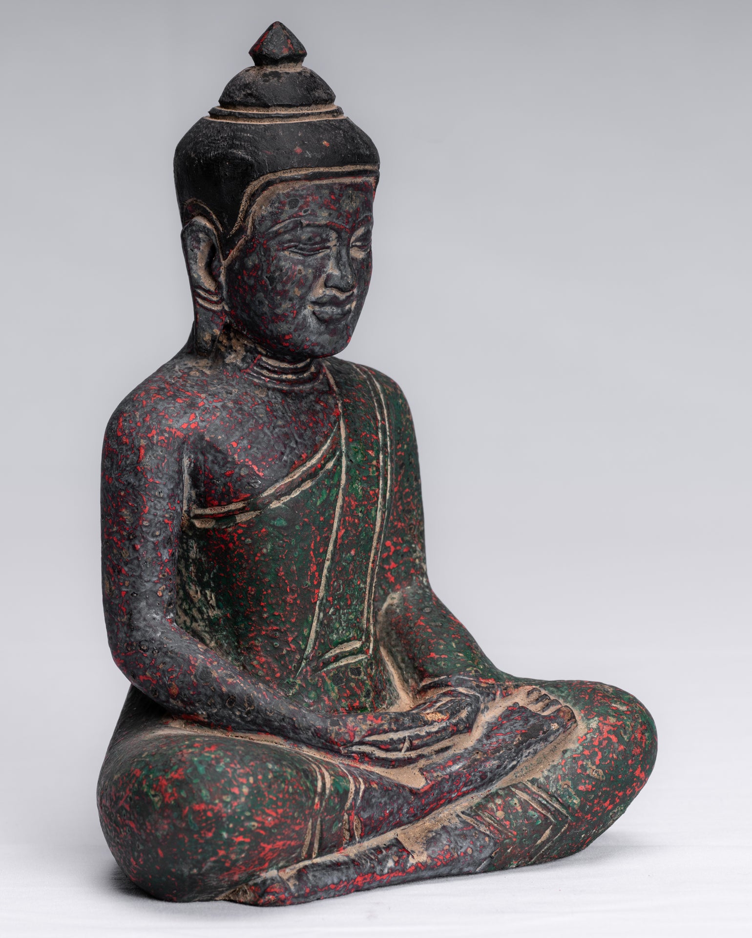 Buddha Sculpture - Antique Khmer Style Wood Seated Buddha Statue Dhyana Meditation Mudra - 20cm/8"