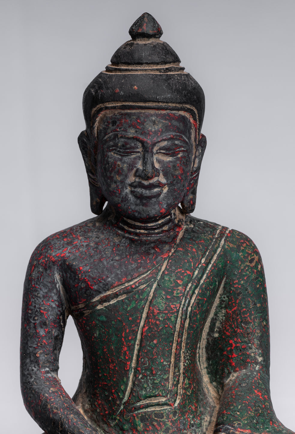 Buddha Sculpture - Antique Khmer Style Wood Seated Buddha Statue Dhyana Meditation Mudra - 20cm/8"