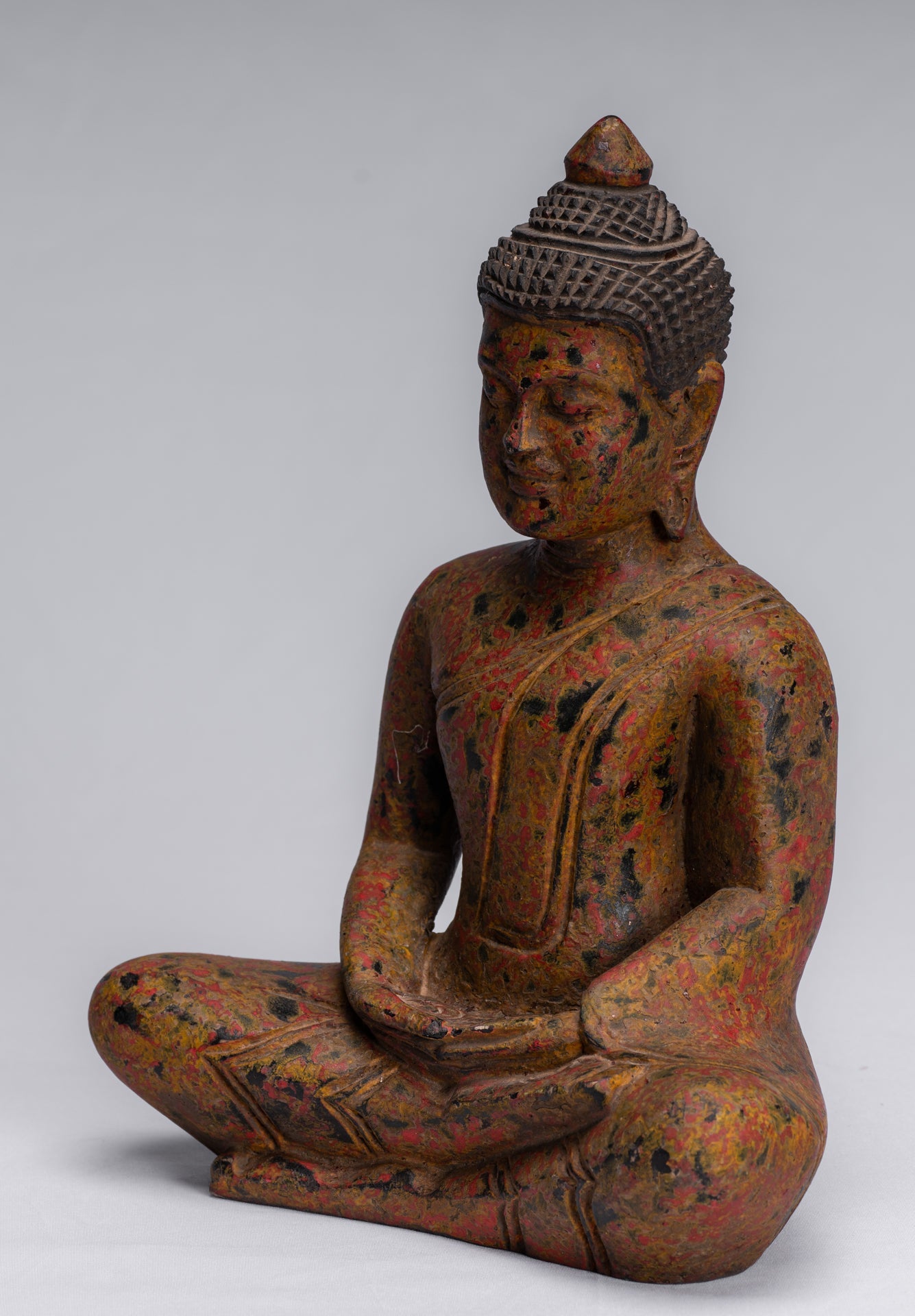 Buddha Sculpture - Antique Khmer Style Wood Seated Buddha Statue Dhyana Meditation Mudra - 26cm/10"